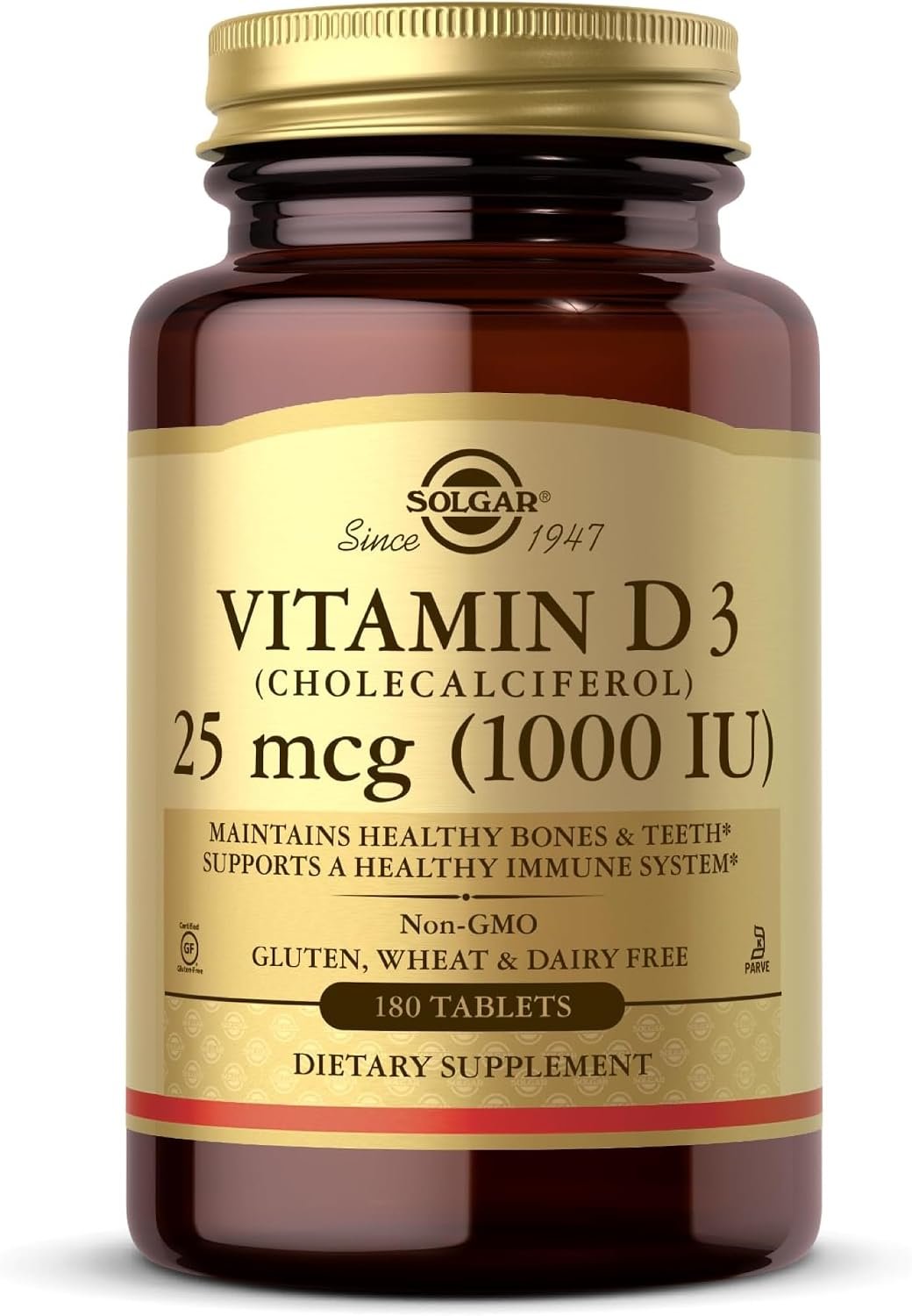 Solgar Vitamin D3 (Cholecalciferol) 25 MCG (1000 IU), 180 Servings | Helps Maintain Healthy Bones & Teeth – Immune System Support – Non-GMO, Gluten Free, Dairy Free, Kosher