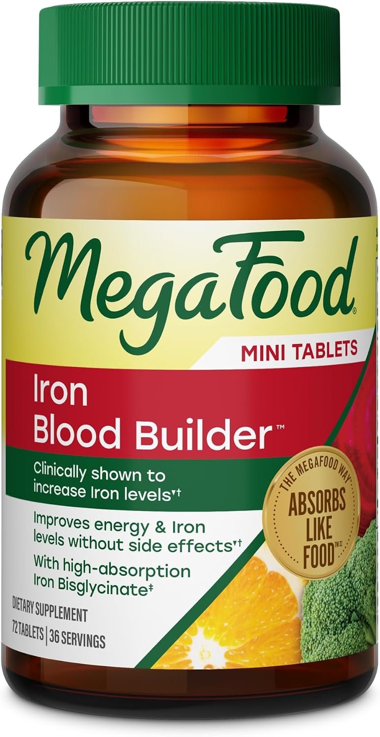 MegaFood Blood Builder Iron Supplement, Energy Support, 72 Mini Tablets | Increase Iron Levels Without Side Effects, Improves Energy Levels, B12, Folic Acid and Vitamin C for Absorption, 36 Servings