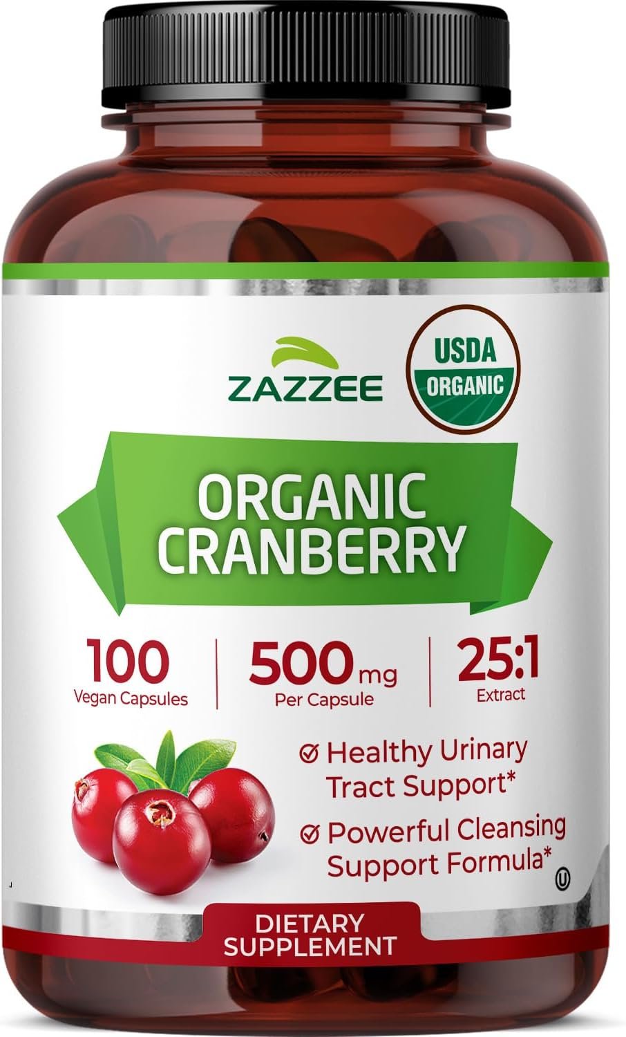 Zazzee USDA Organic Cranberry 25:1 Extract, 500mg per Capsule, 100 Capsules | Vegan, 3+ Month Supply, Certified Kosher, Vaccinium Macrocarpon, Non-GMO, Made in the USA