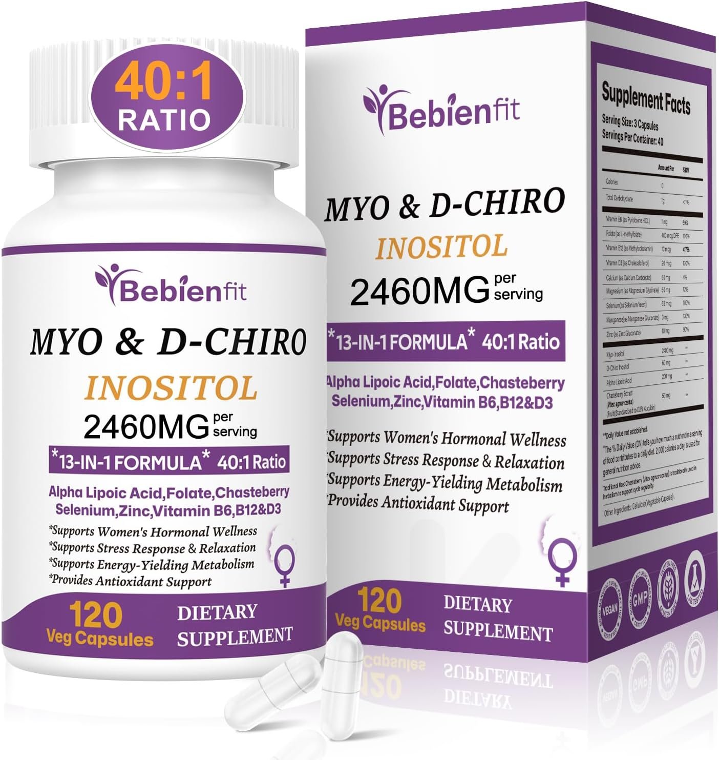 13-in-1 Myo Inositol & D-Chiro Inositol for Women,2460mg-40:1 Ratio,Cycle Comfort Supplement Plus Alpha Lipoic Acid/Folate/Vitex/Magnesium/Multivitamin,120 Veg Cap