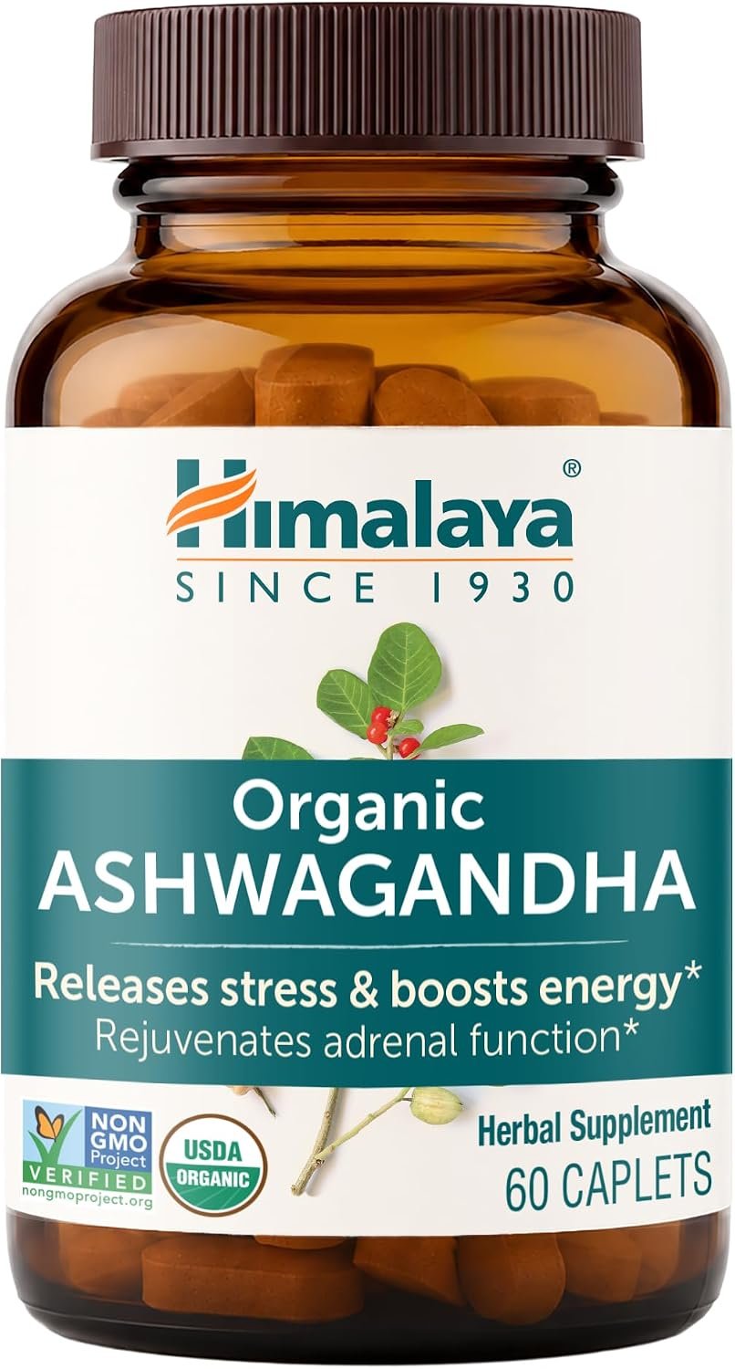 Himalaya USDA Organic Ashwagandha Root, 670 mg, 60 Day Supply, 60 Caplets | Herbal Adrenal Support Ashwagandha Supplements for Stress Relief & Energy Support – USDA Organic, Non-GMO, Vegan, Gluten Free