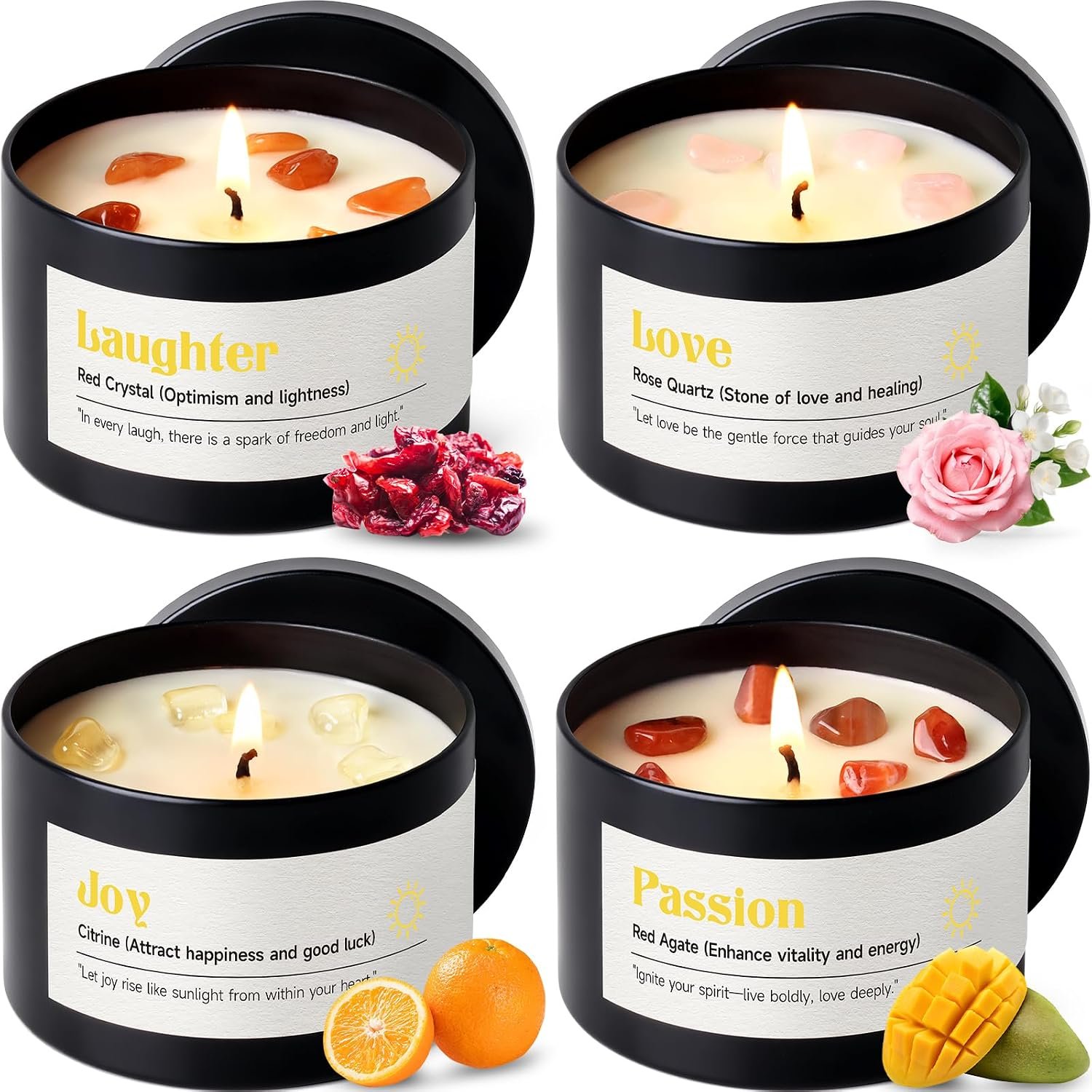 AOOVOO Crystal Energy Candles Set for Women – Soy Candle for Home Scented | 4 Pack 26 oz, 200 Hour Long Lasting Candle, Laughter Red Crystal/Love Rose Quartz/Joy Citrine/Passion Red Quartz
