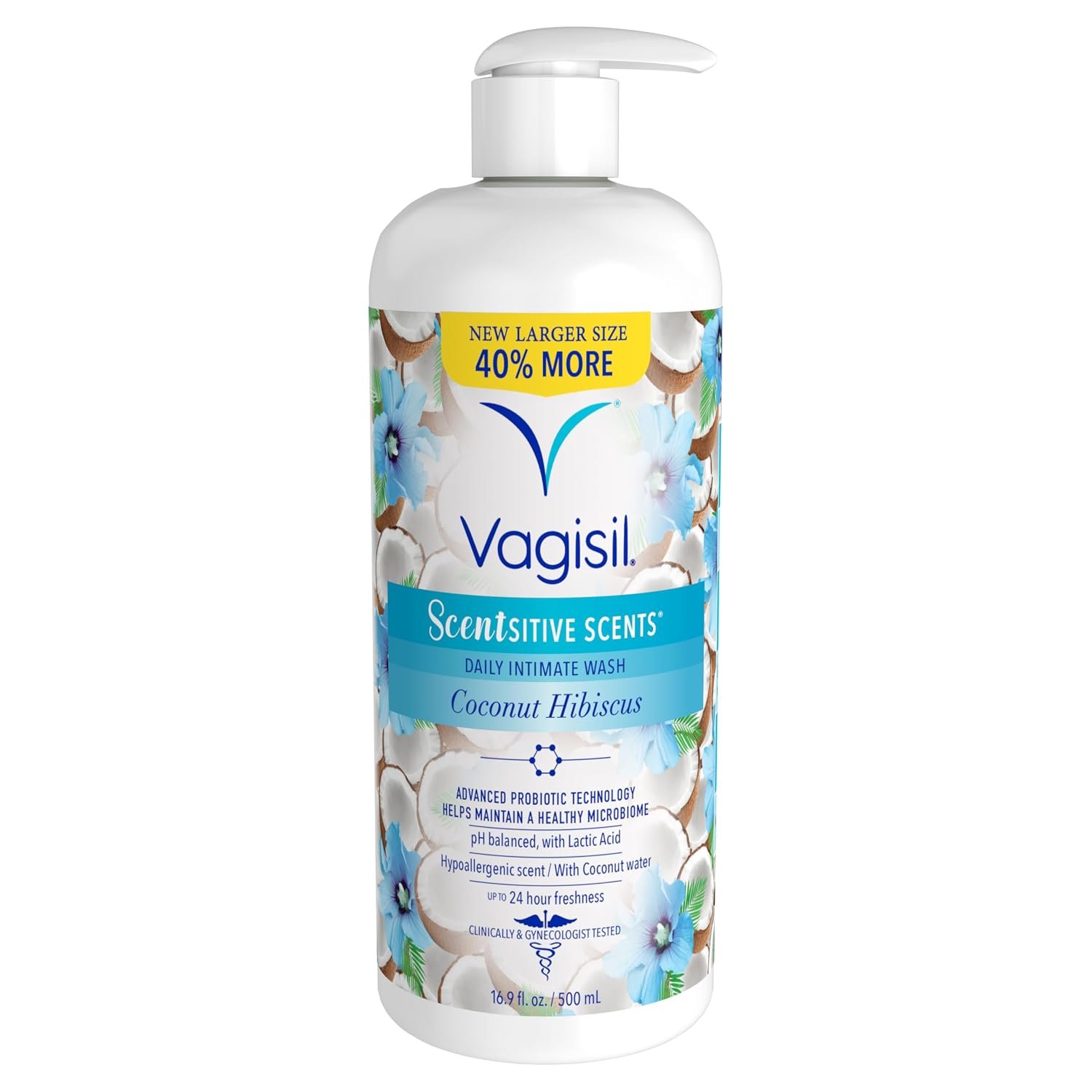 Vagisil Scentsitive Scents Feminine Wash, Coconut Hibiscus, 16.9 Fl Oz | Coconut Hibiscus pH balanced feminine wash for sensitive skin. Hypoallergenic, gynecologist tested, value-size.