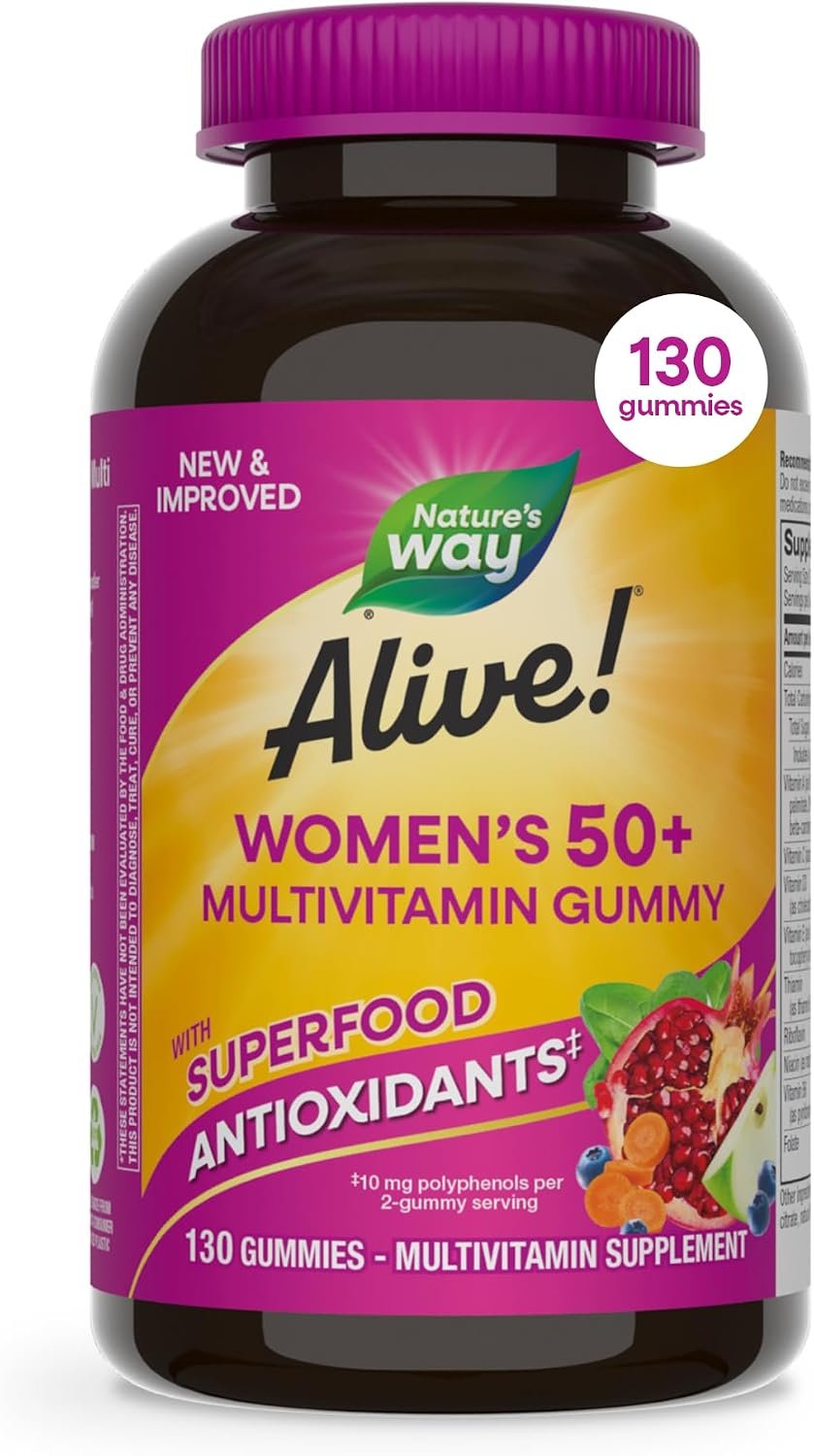Nature’s Way Alive! Women’s 50+ Multivitamin Gummies, Mixed Berry, 130 ct | Daily Gummy Multi with B-Vitamins, Vitamin D3 & Calcium to Support Heart, Brain, & Bone Health for Women 50 and Older