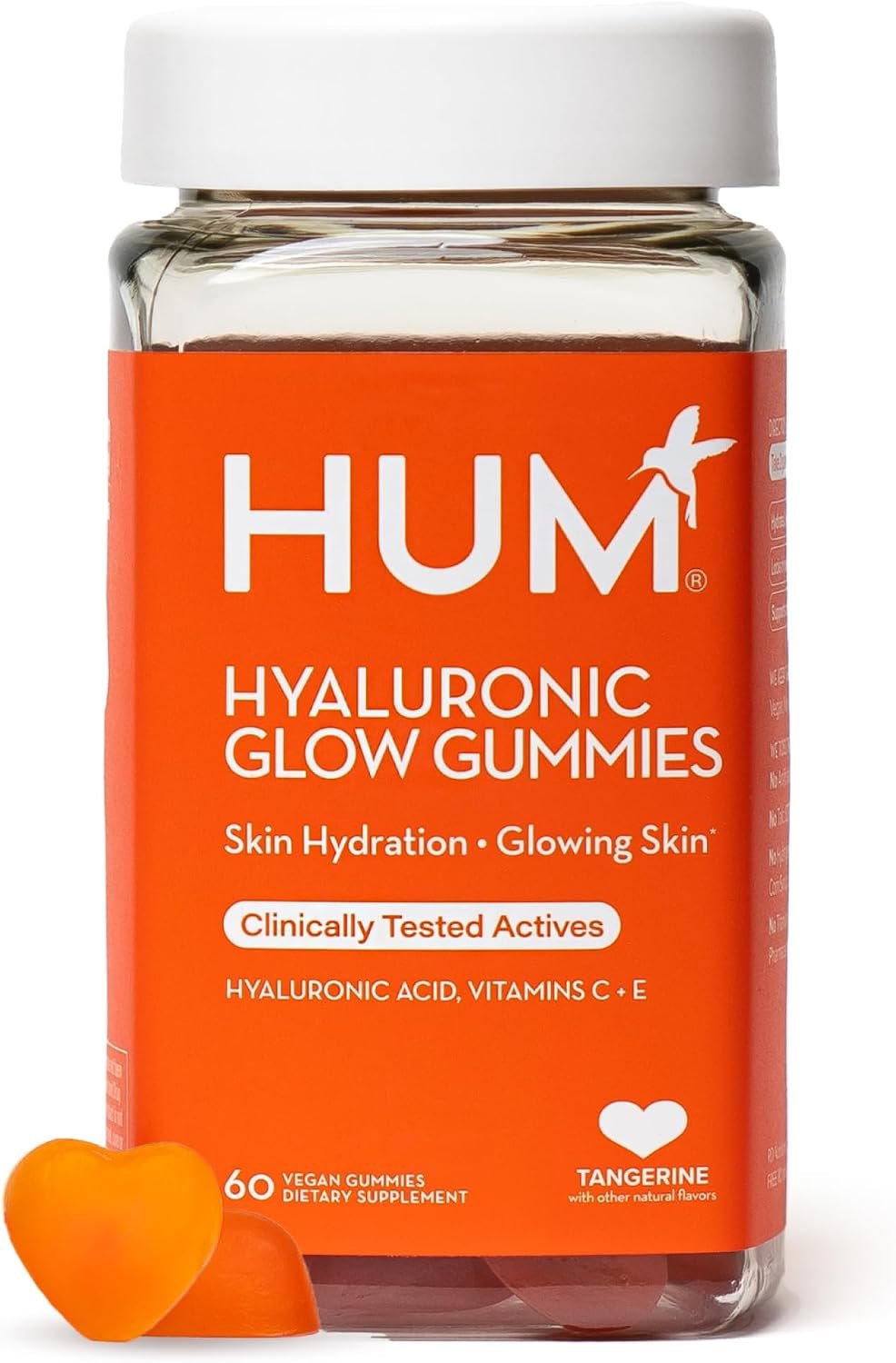 HUM Hyaluronic Glow Gummies Hyaluronic Acid, Vitamin C, Tangerine, 60 Count | Low Molecular Hyaluronic Acid, Vitamin C from Amla Fruit, Vitamin E, Tangerine Flavor, Vegan