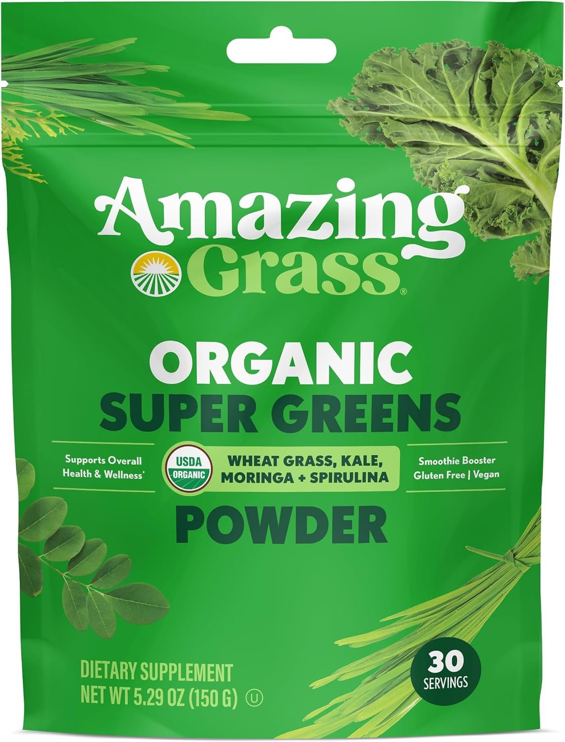 Amazing Grass Super Greens Booster Smoothie Mix, Spirulina, Moringa, 30 SRV | Greens Powder Smoothie Booster with Spirulina, Moringa, Wheat Grass & Kale; Chlorophyll-Providing Greens
