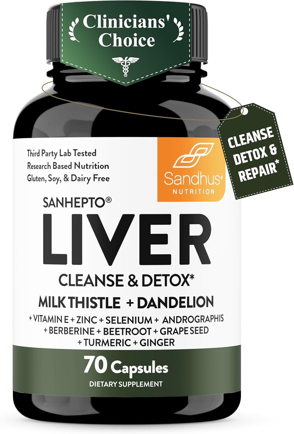 Liver Cleanse Detox & Repair Capsules, Milk Thistle Dandelion Root 70 Count | Herbal Liver Support Supplements With Turmeric & Artichoke Leaf GMP-Certified, Gluten-Free Supplement By Sandhu’s