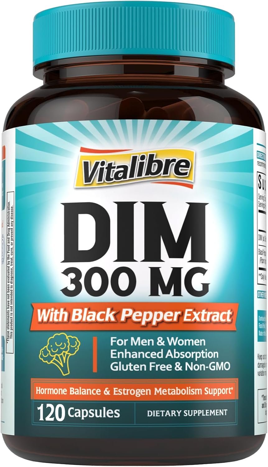 Vitalibre DIM Supplement for Women & Men, Estrogen Metabolism, Hormone Balance & Menopause Support, DIM 300 mg with Black Pepper Extract, High Absorption, 120 Capsules