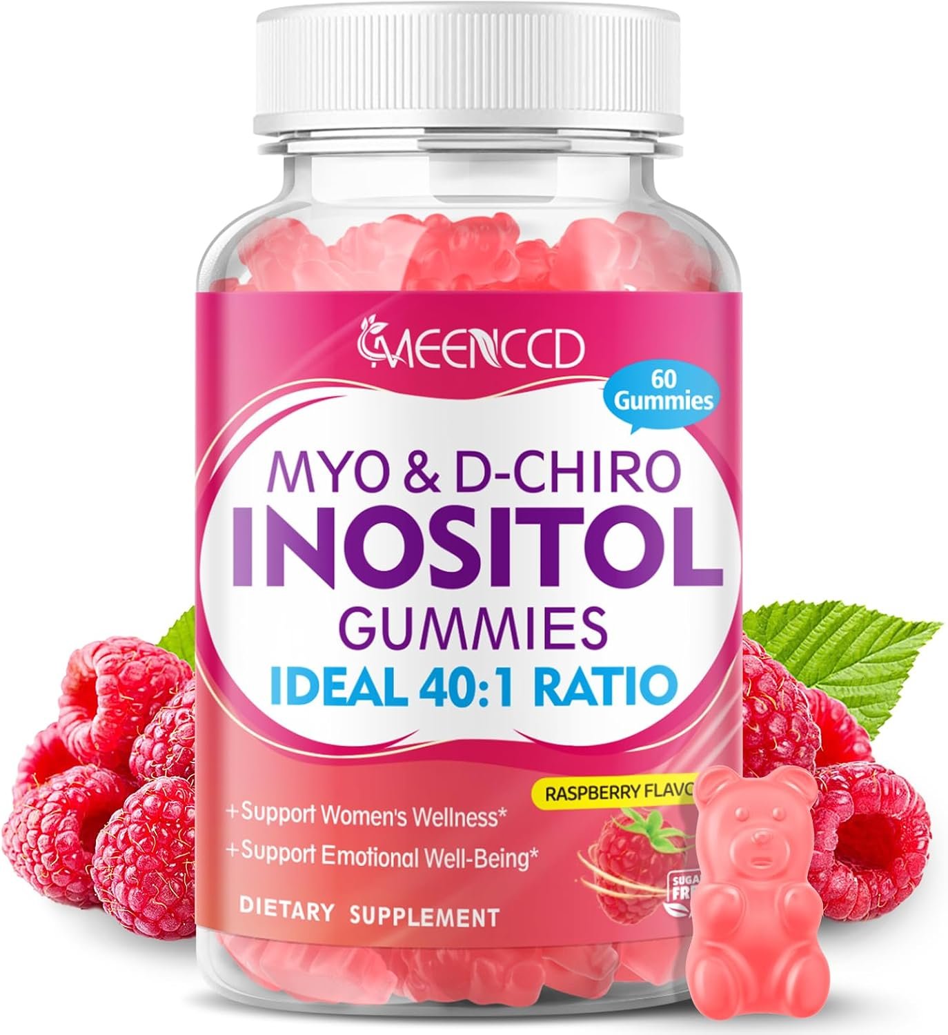 MEENCCD Myo-Inositol & D-Chiro Inositol Gummies, 40:1 Ratio Inositol with Vitamin D3, Magnesium Glycinate, Folate & Zinc, Inositol Supplement for Female Health, Raspberry Flavor, 60 Count