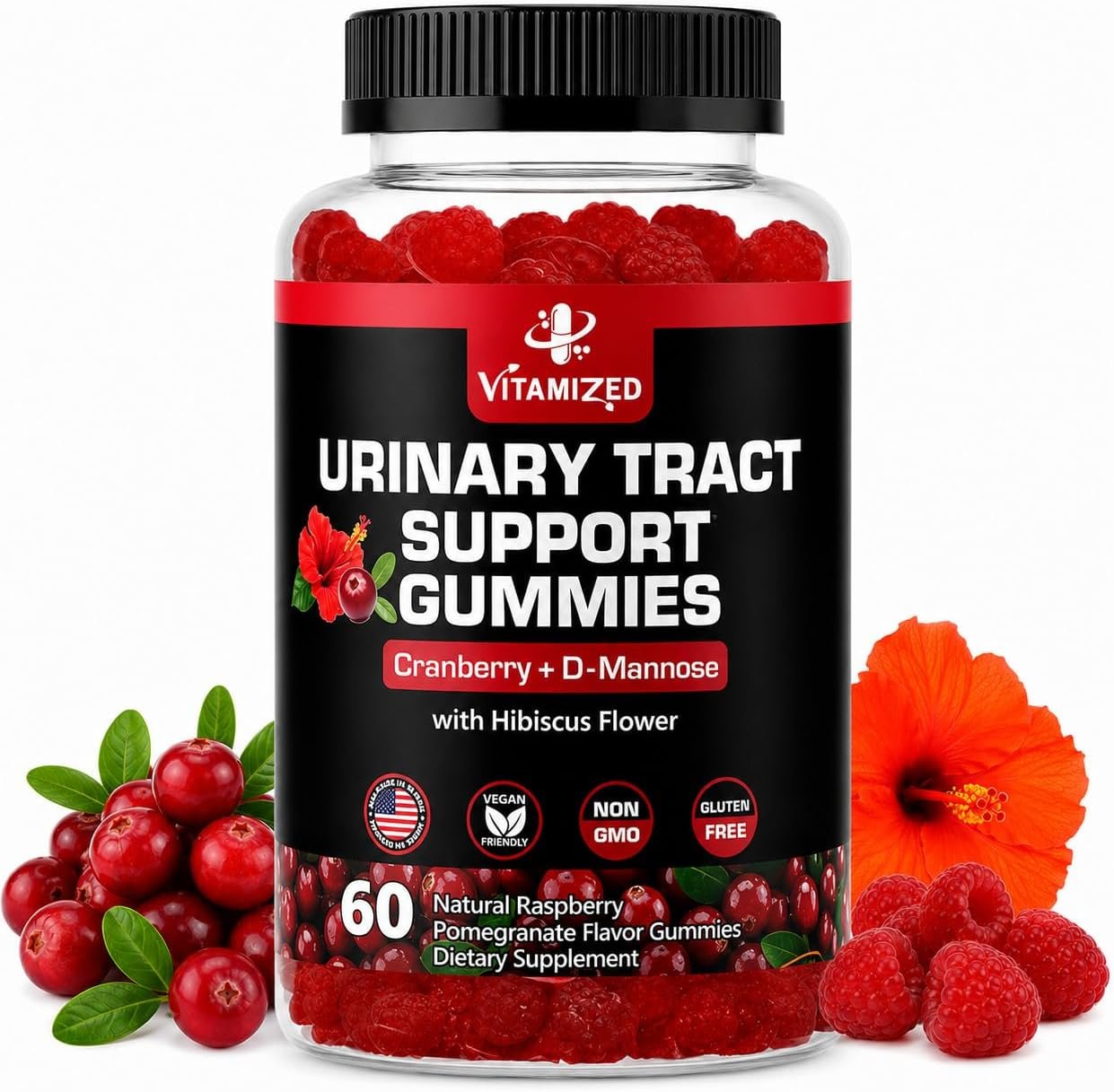Cranberry Gummies with D-Mannose, Urinary Flush w Hibiscus Powder, 60 Count | For Fast-Acting Support to Increase Flow, PH Balance, and Flush Unpleasant Substances.