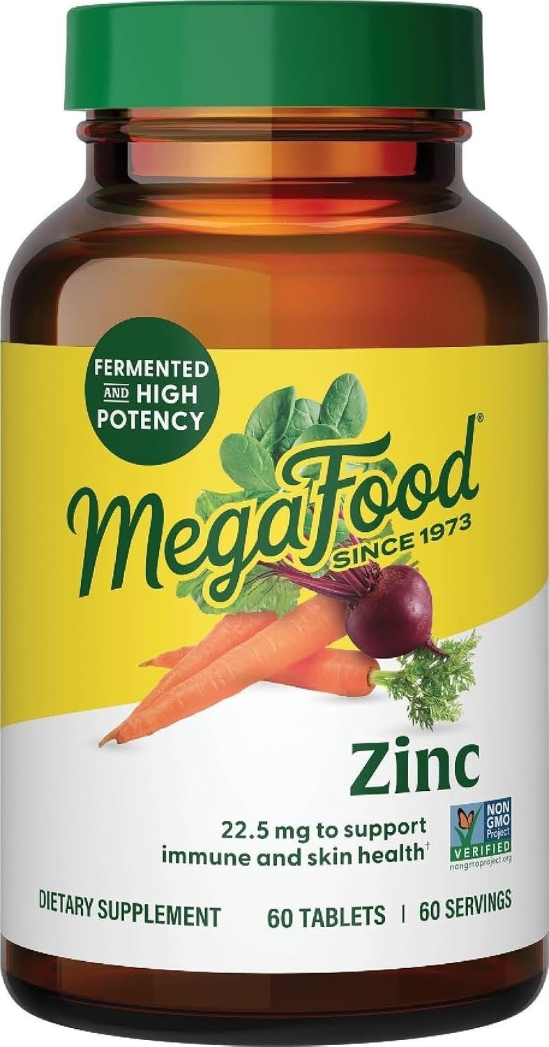 MegaFood Zinc Bisglycinate, High Absorption, Immune Support, 60 Tablets | Immune Support Supplement, Antioxidant Support, Supports Healthy Skin, 22.5 mg Fermented Zinc, Real Food, Vegan, 60 Servings