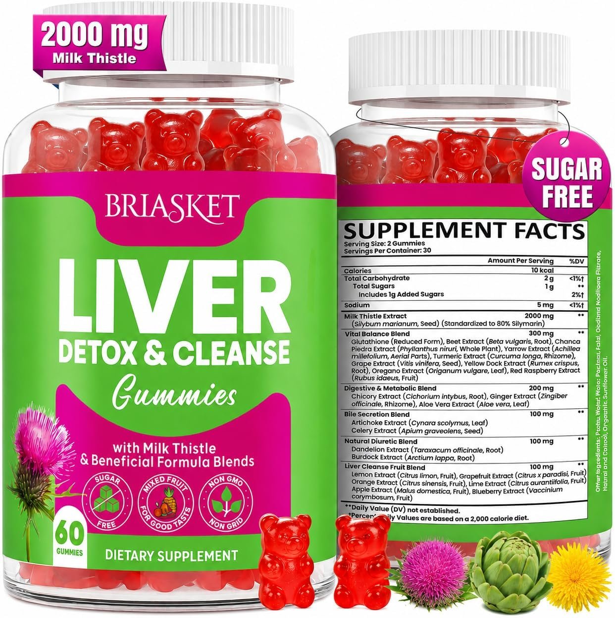 Liver Clean Detox & Repair Gummies, 2000 mg Milk Thistle Supplement | with Dandelion Root, Glutathione & Artichoke, 23-in-1 Herbal Formula for Liver Detox & Health, Sugar-Free, Vegan, 60 Gummies