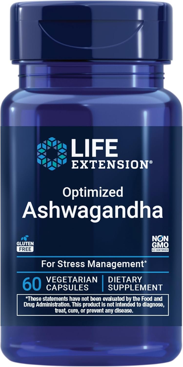 Life Extension Optimized Ashwagandha – Stress Management Supplement for a Healthy Stress Response, Focus, Memory, Stress Relief – Vegetarian, Gluten-Free, Non-GMO, 60 Capsules | Stress Management Supplement for a Healthy Stress Response, Focus & Memory Support, Vegetarian & Gluten-Free