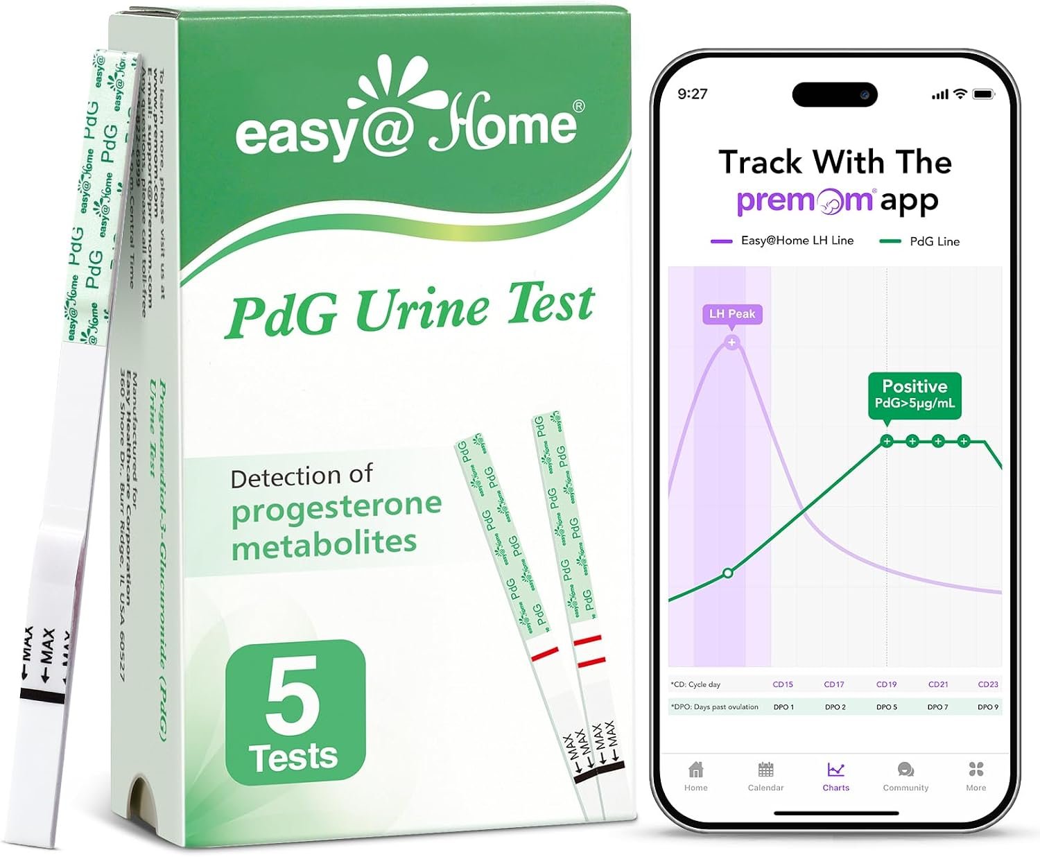 Easy@Home PdG Test Strips: 5-Pack Progesterone Urine Tests | Track Ovulation Insights with Progesterone Test Strips, At Home Fertility Test for Women with Premom Ovulation App