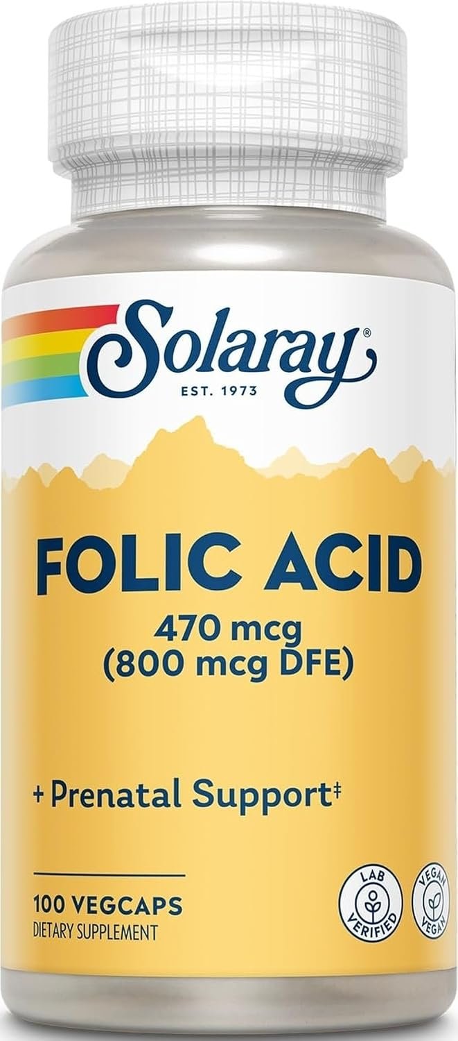 SOLARAY Folic Acid – Vitamin B9 Folic Acid Supplement, Prenatal Vitamin – Blood Cell Development Support – Vegan, Lab Verified, 60-Day Guarantee – 100 Servings, 100 VegCaps | Folate Supplement for Prenatal Support, Nervous System Health & Red Blood Cell Production Support