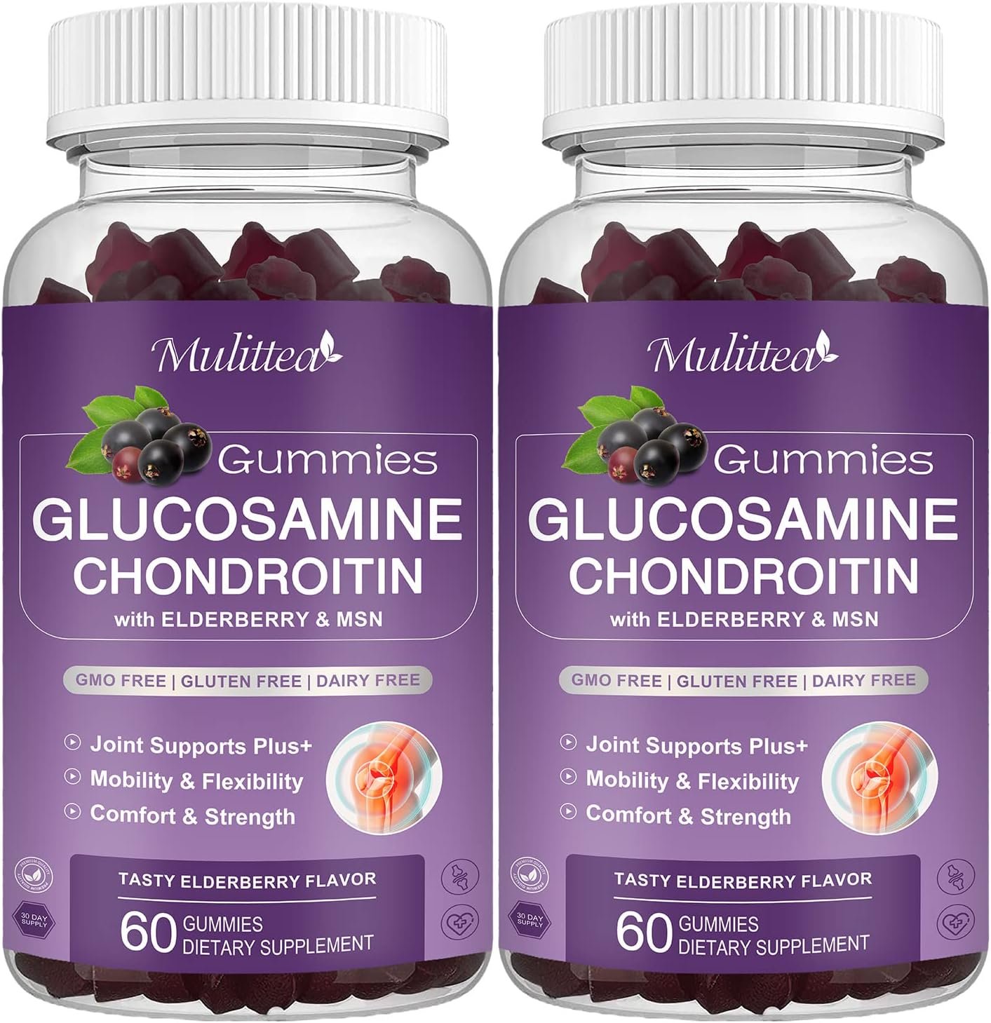 Mulittea Glucosamine Chondroitin Gummies – Extra Strength Joint Support Supplement with MSM & Elderberry for Natural Joint, Antioxidant Immune Support for Adults, Men & Women-(2 Pack)