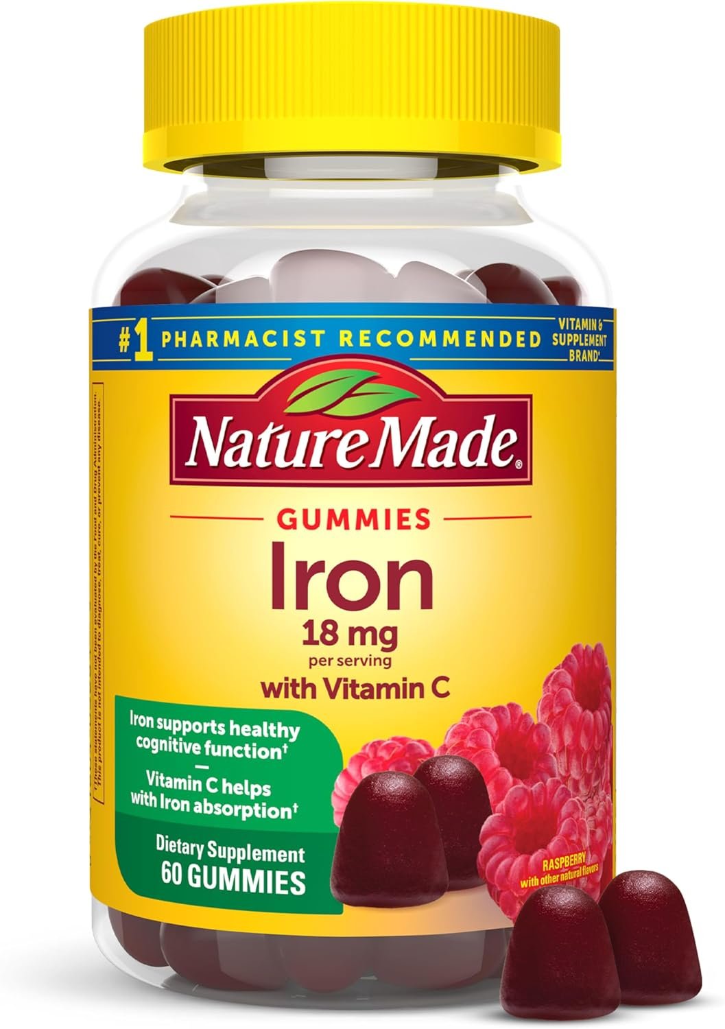 Nature Made Iron 18 mg per Serving Gummies with Vitamin C, 60 Gummies | Iron Supplement for Red Blood Cell Support, Vitamin C Helps with Iron Absorption, Raspberry Flavor, 30 Day Supply