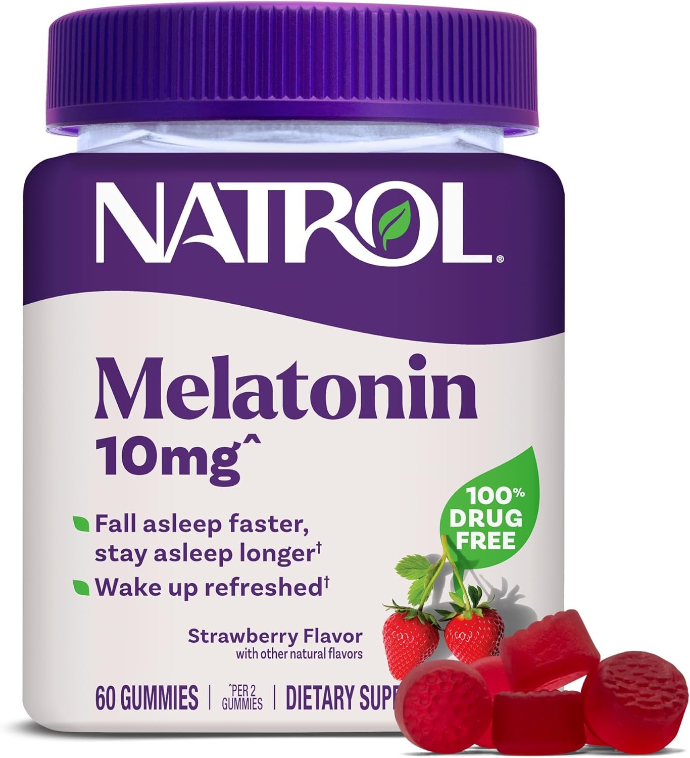 Natrol Melatonin 10 mg Gummies, Sleep Support for Adults, 60 Gummies | Supplement to Fall Asleep Faster & Stay Asleep Longer, Wake Up Refreshed, 100% Drug-Free, Strawberry-flavored, 30 Day Supply