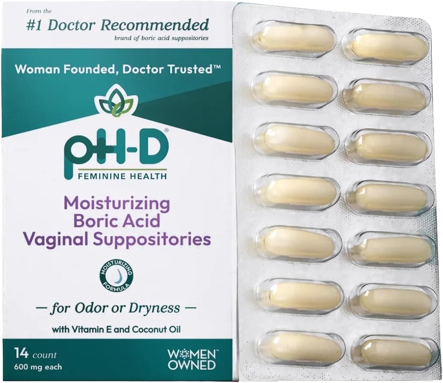 pH-D Feminine Health Moisturizing Boric Acid Suppositories, 14 Count | 600 mg Boric Acid For Women, Coconut Oil & Vitamin E, Moisturizing Formula, Helps Control Vaginal Odor