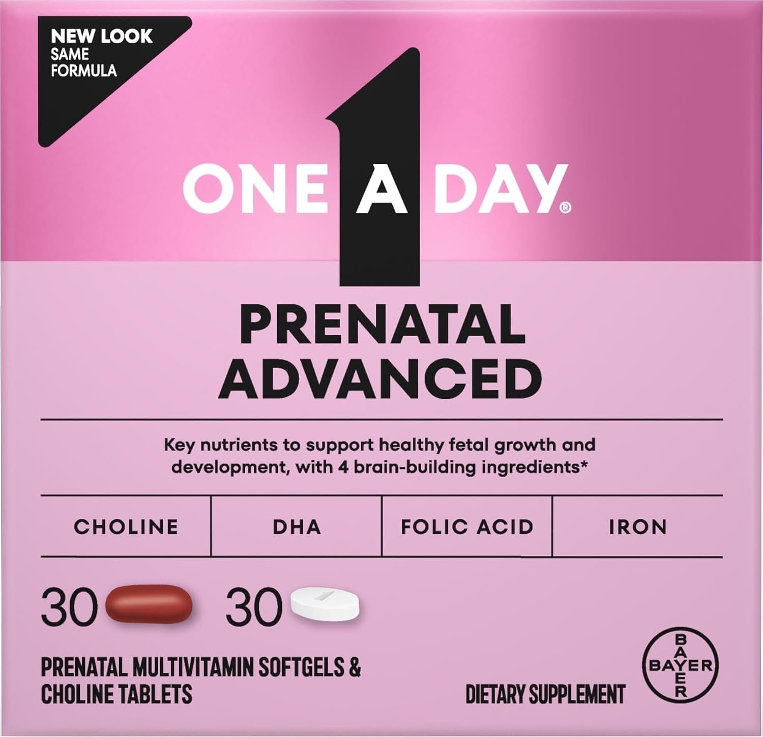 One A Day Prenatal Advanced- Prenatal Vitamins with Folic Acid, Choline, DHA & Iron, Pregnancy Vitamins for Women to Support Baby’s Development, 30+30 Ct (60 Total Set) (Packaging May Vary)