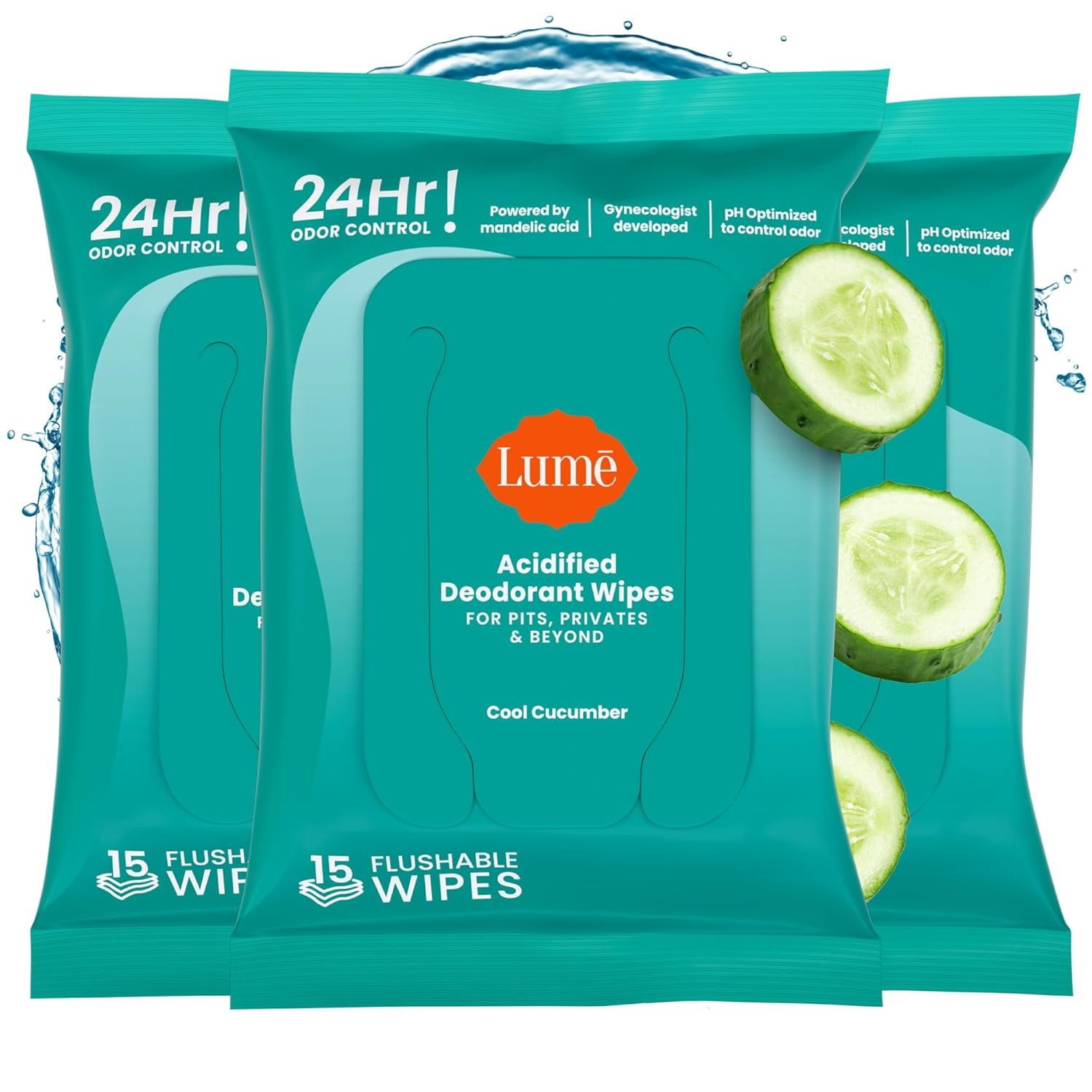 Lume Acidified Deodorant Wipes – 15 ct, 3 pk (Cool Cucumber) | 24-Hour Odor Control, Aluminum & Baking Soda Free, Flushable Whole-Body Deodorant Wipes for Women