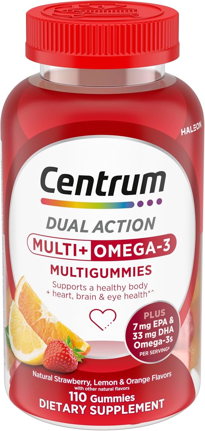 Centrum MultiGummies Multi+ Omega 3, Assorted Fruit Flavors, 110 Count | Supports Heart Health, Normal Brain Function, Eye Health, Daily Energy Needs and Normal Immune Function, GLP-1 Support