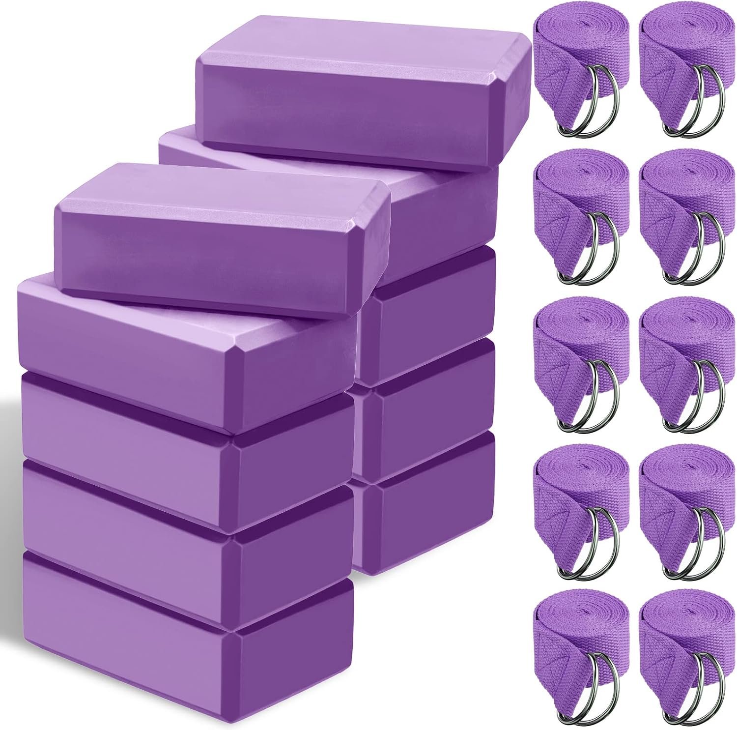 Outus 10 Sets Yoga Blocks and Straps Non-Slip EVA Foam Blocks with Metal D Ring Straps for Gym Exercise and Workout