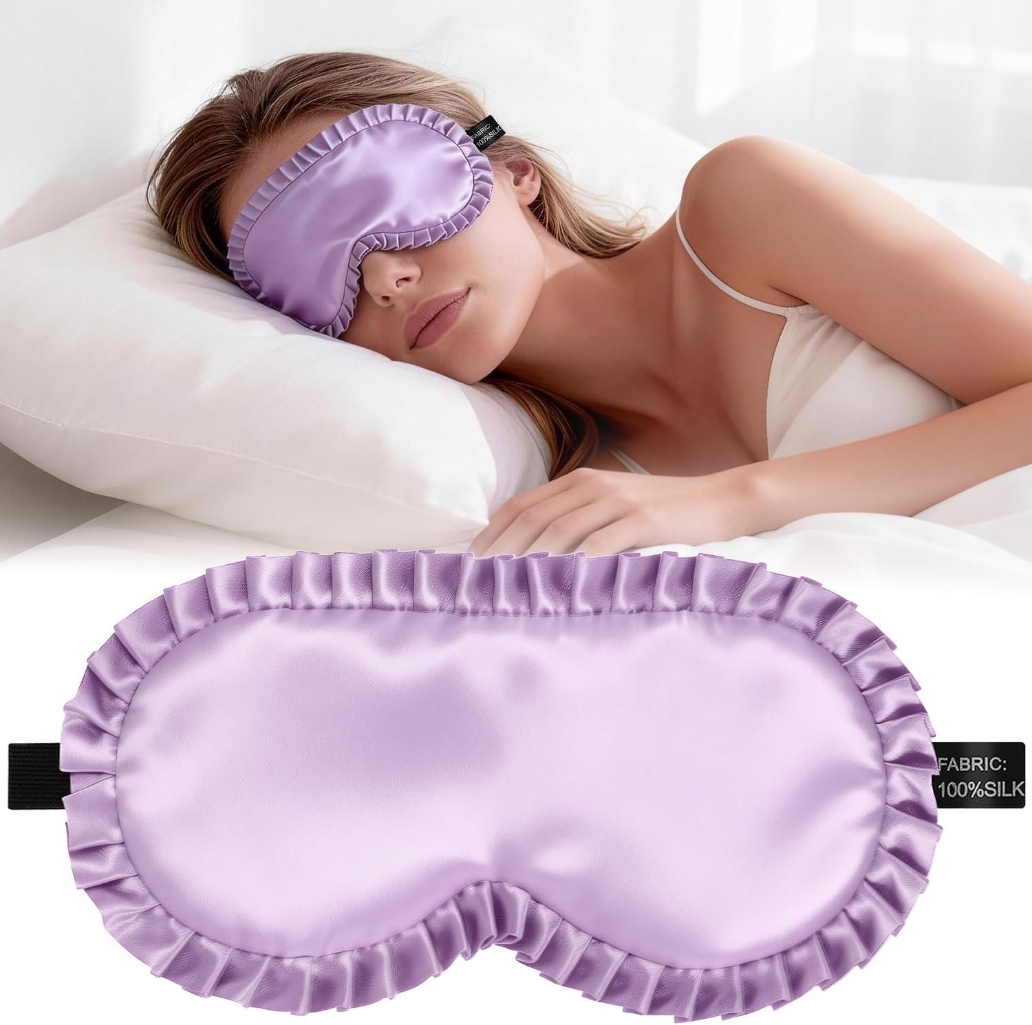 Silk Sleep Mask for Women, 100% Mulberry Silk Eye Mask for Sleeping | All-Silk Filled Blindfold, Adjustable Elastic Strap with Elegant Wave Trim, 100% Blackout Eye Cover, Travel & Gift (Purple)