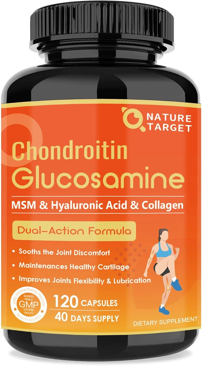 NATURE TARGET Glucosamine Chondroitin MSM Turmeric, 120 Capsules | Joint Support with Type II Collagen, D3, K2, and Hyaluronic Acid for Relief and Mobility, Shellfish Free, Non-GMO