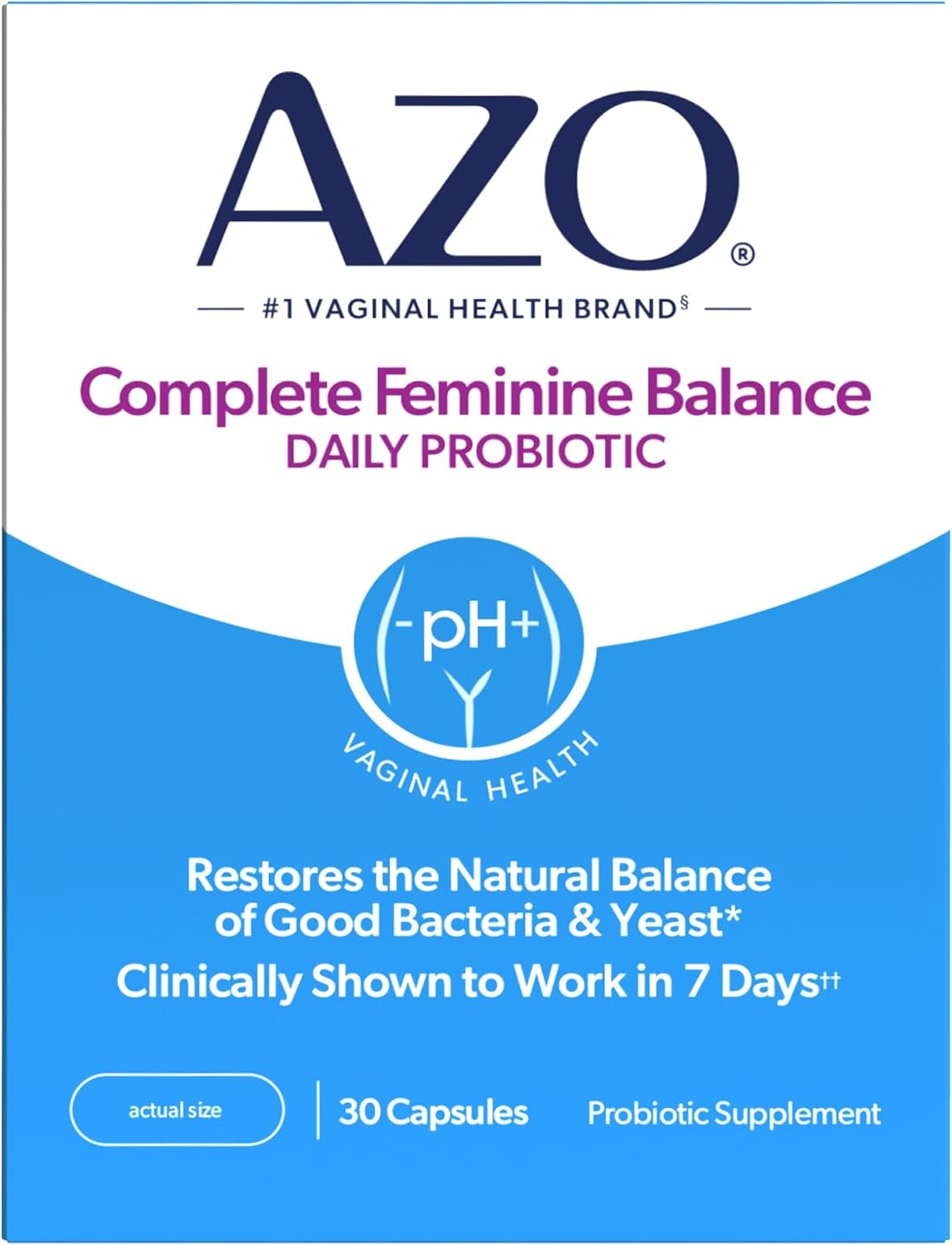 AZO Complete Feminine Balance Daily Vaginal Probiotics for Women, 30 Count | Intelliflora Multi-Strain Blend, Supports Vaginal pH and Yeast Balance*, One Capsule Daily, Sugar Free, Safe During Pregnancy