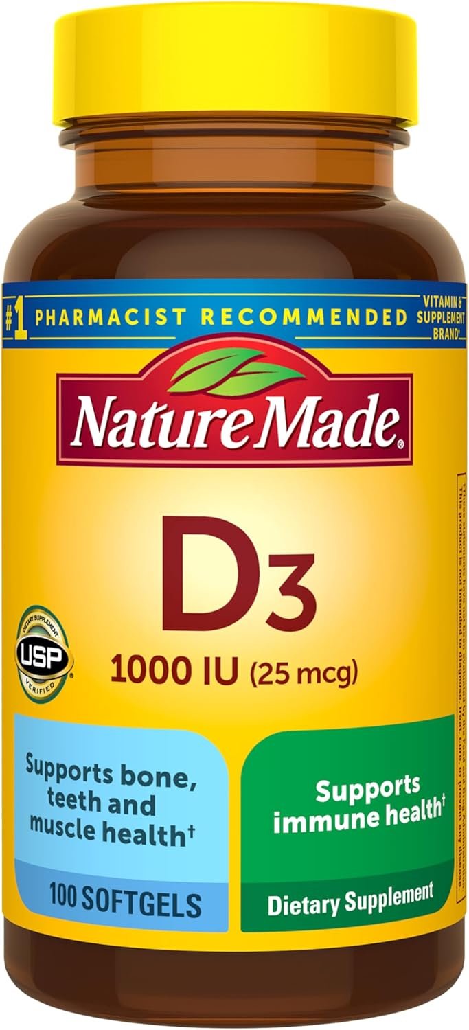 Nature Made Vitamin D3 1000 IU (25 mcg), 100 Vitamin D Softgels | Vitamin D Supplement for Immune, Bone, Teeth and Muscle Health Support, 100 Day Supply