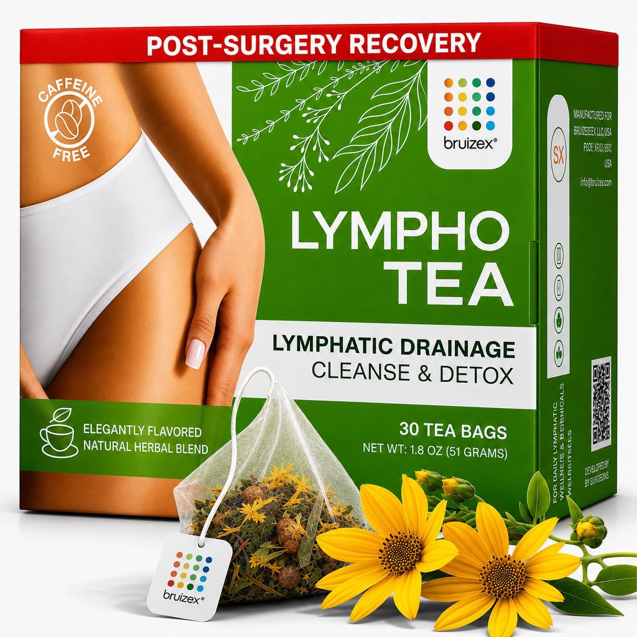 Bruizex Lymphatic Herbal Tea, Ginger Blend, 30 arnica tea bags | Natural recovery support for post-surgery liposuction, lymphatic drainage,BBL, tummy tuck; helps lipedema and lymphedema care