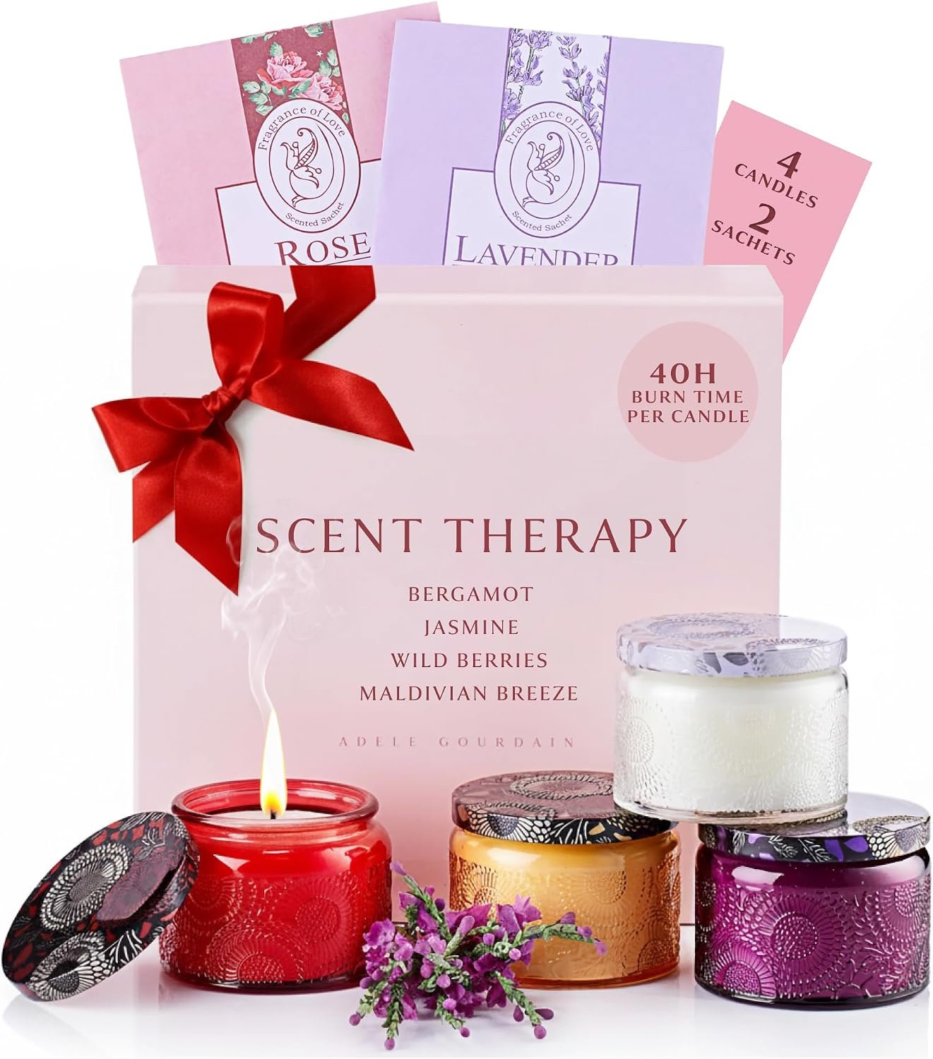 6-pc Scented Candle Gift Set for Women, Aromatherapy Inspired Adelegourdain | Incl. 4 Soy Wax Candles and 2 Fragrance Packets – Gift Ready Box – Scents incl. Bergamot, Maldivian Breeze, Jasmine, Berries