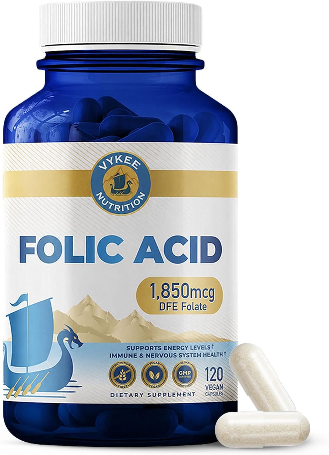 Vykee Nutrition Folic Acid Capsules,1,850 mcg DFE | Supports Body Processes, Prenatal Health and Energy, Vitamin B9 Supplement for Women – Vegan, Non-GMO, Gluten Free -120 Count