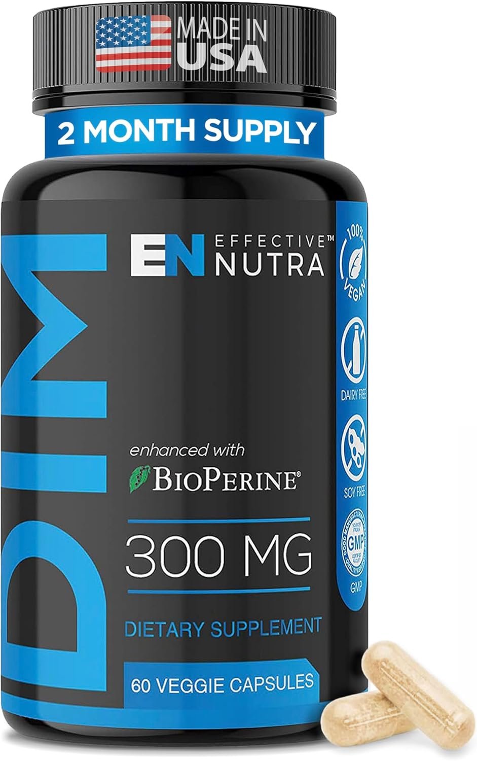 Effective Nutra DIM Supplement 300 mg with BioPerine, 60 Count | Estrogen blocker for men and estrogen balance for women, extra-strength DIM, one capsule daily, 2-month supply