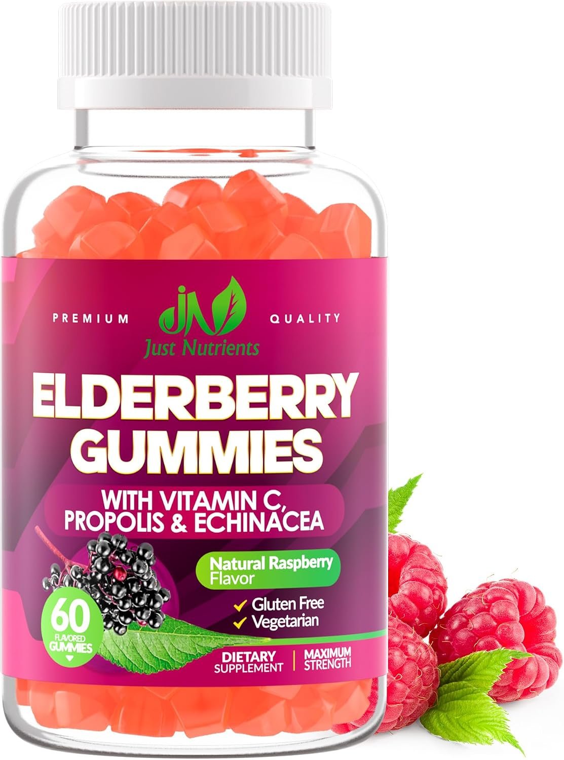 Elderberry Gummies with Vitamin C, Echinacea, Propolis (60 count) | Immune Support for Adults & Kids – Maximum Strength, Great Tasting Raspberry Flavor – Gluten-Free, Vegan
