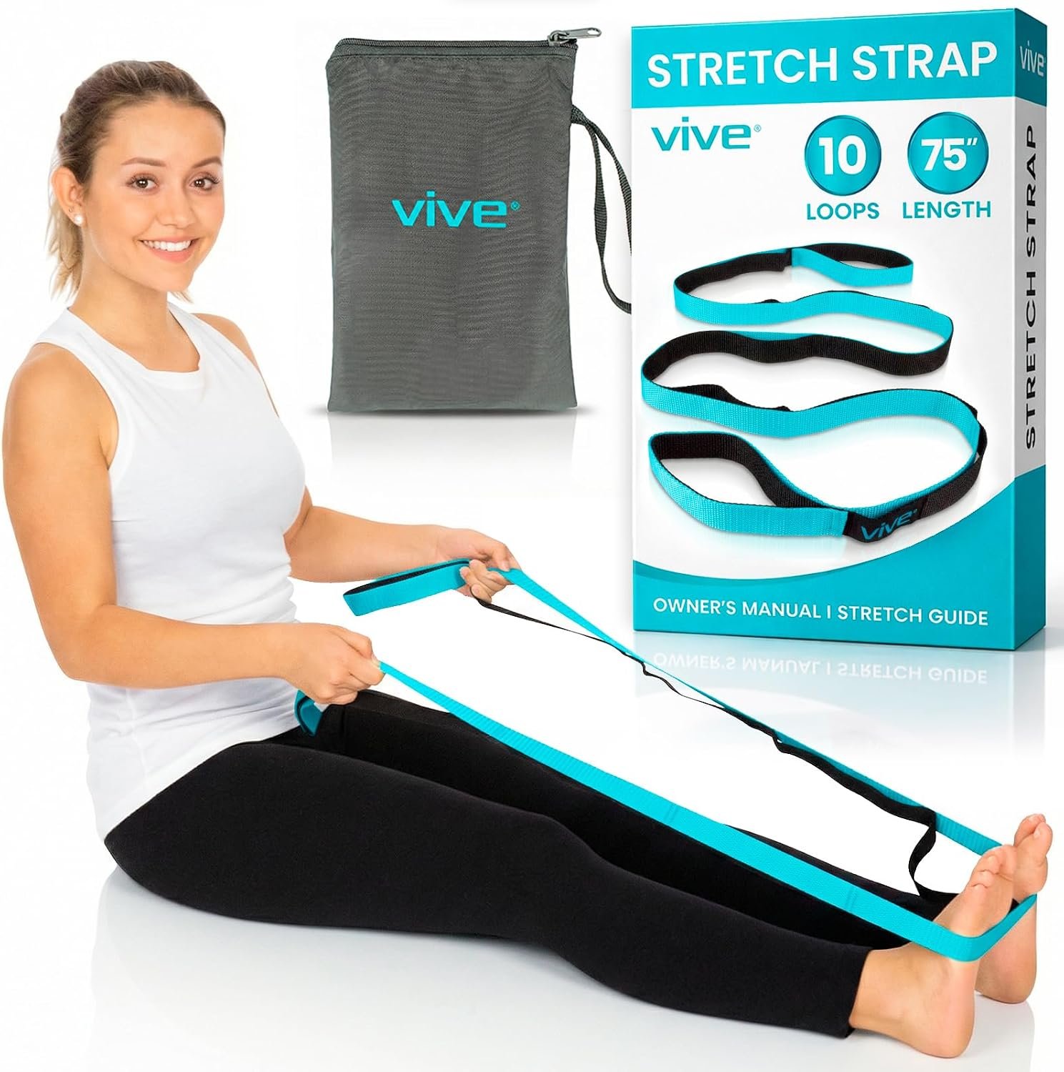 Vive Stretch Strap (75″ – 10 Loops) – Leg Stretch Band to Improve Flexibility – Stretching Out Yoga Strap – Exercise and Physical Therapy Belt for Rehab, Pilates and Gymnastics with Guide Book