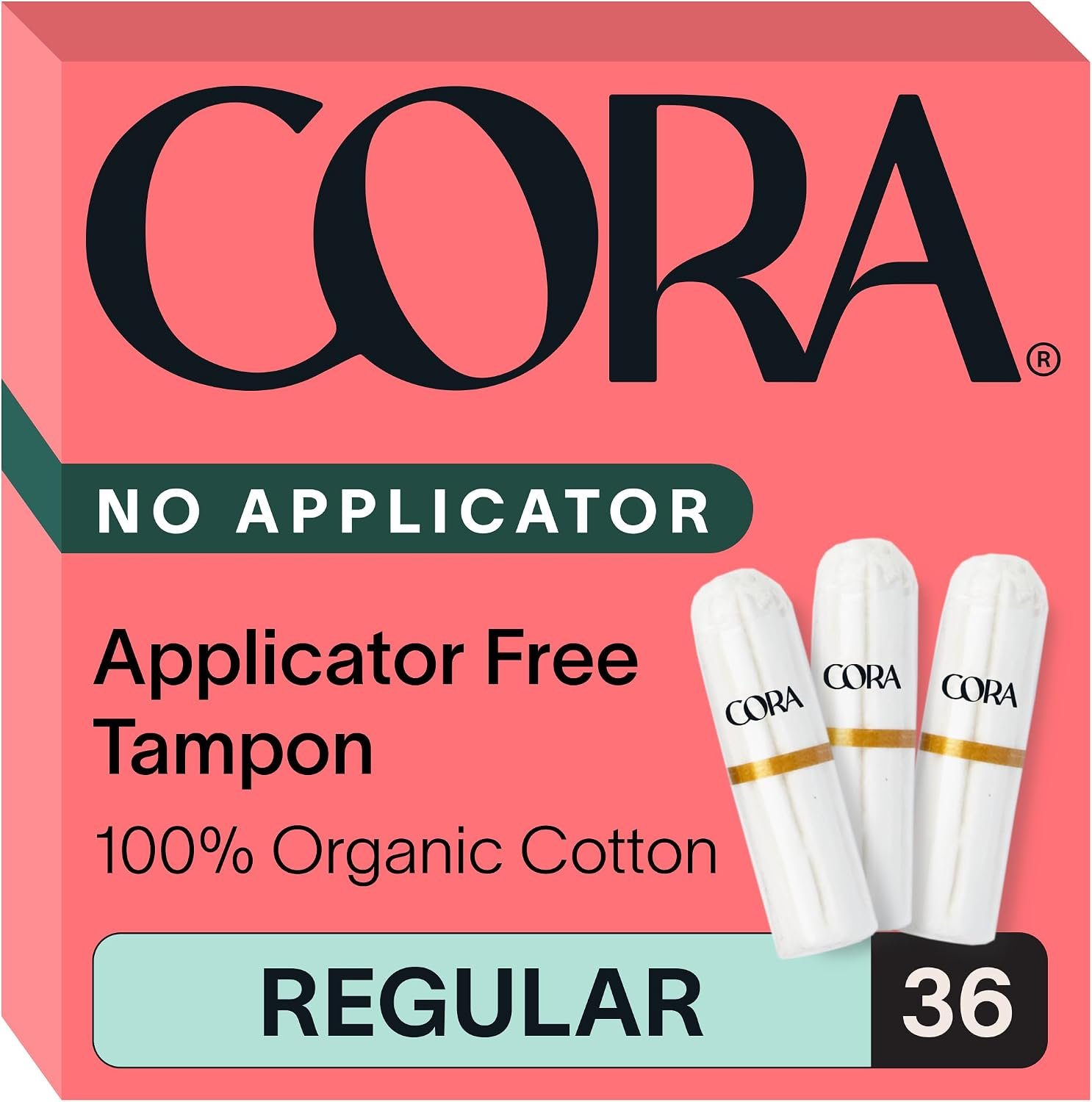Cora 100% Organic Cotton Non-Applicator Tampons (36 Regular Tampons) | Comfortable Leak Protection, Expands to Your Shape, Made Without Chlorine, Pesticides, or Rayon, Organic Cotton Feminine Care