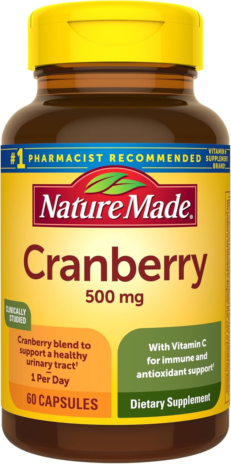 Nature Made Cranberry Supplement 500mg with Vitamin C, 60 Capsules | Cranberry Blend for Urinary Tract Health, For Immune & Antioxidant Support, Gluten Free, One Per Day, 60 Day Supply