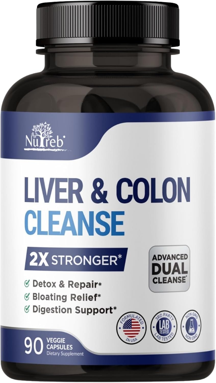 Nutreb Liver & Colon Cleanse – 2X Stronger – Liver Cleanse Detox & Repair – Colon Cleanser & Detox – Premium Milk Thistle Supplement – Men & Women – Vegan 90 Capsules