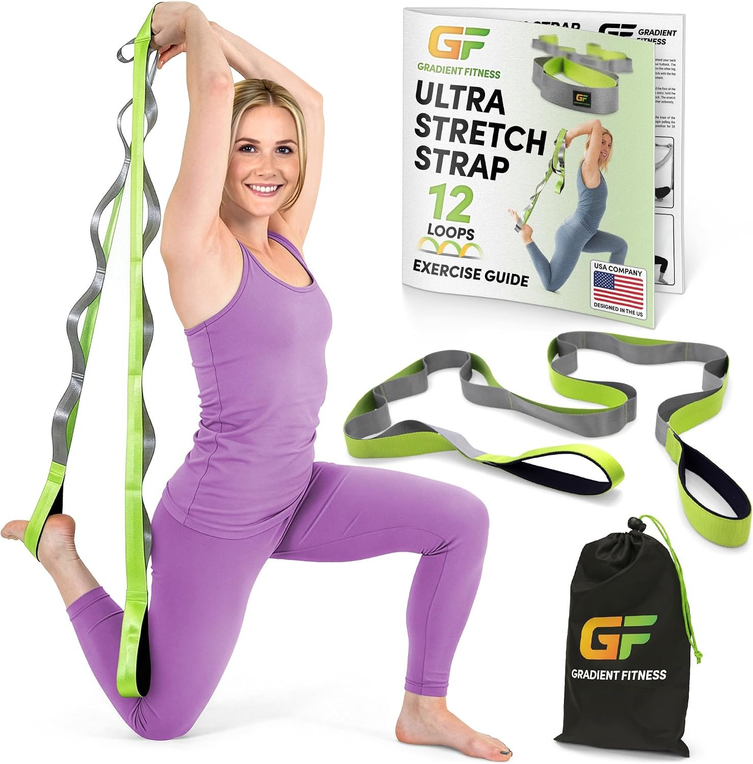 Gradient Fitness Stretching Strap for Physical Therapy, 12 Multi-Loop Stretch Strap 1.5″ W x 8′ L, Neoprene Handles, Physical Therapy Equipment, Yoga Straps for Stretching, Leg Stretcher.
