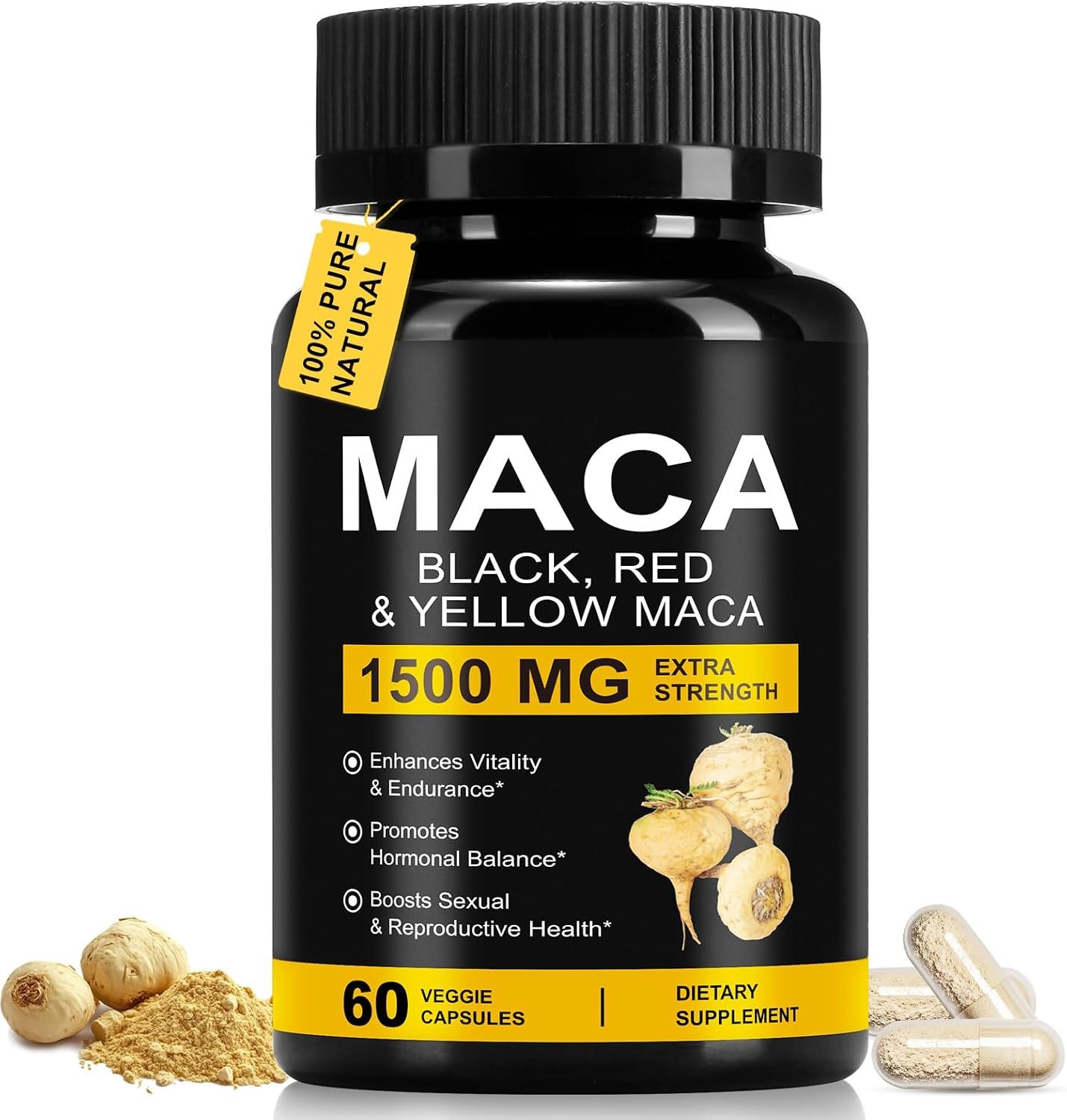 Daiasns Organic Maca Root Powder Capsules 1500 mg with Black + Red + Yellow Peruvian Maca Root Extract Supplement for Men and Women – 60 Vegan Capsules