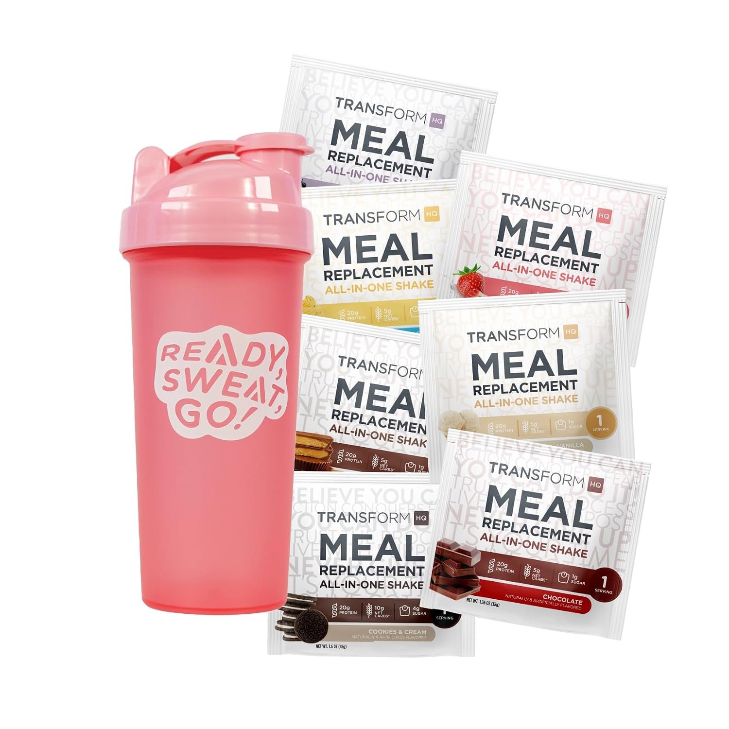 TransformHQ Meal Replacement Shake Variety Box With Pink Shaker | 7 Single-Serving Shake Packs
