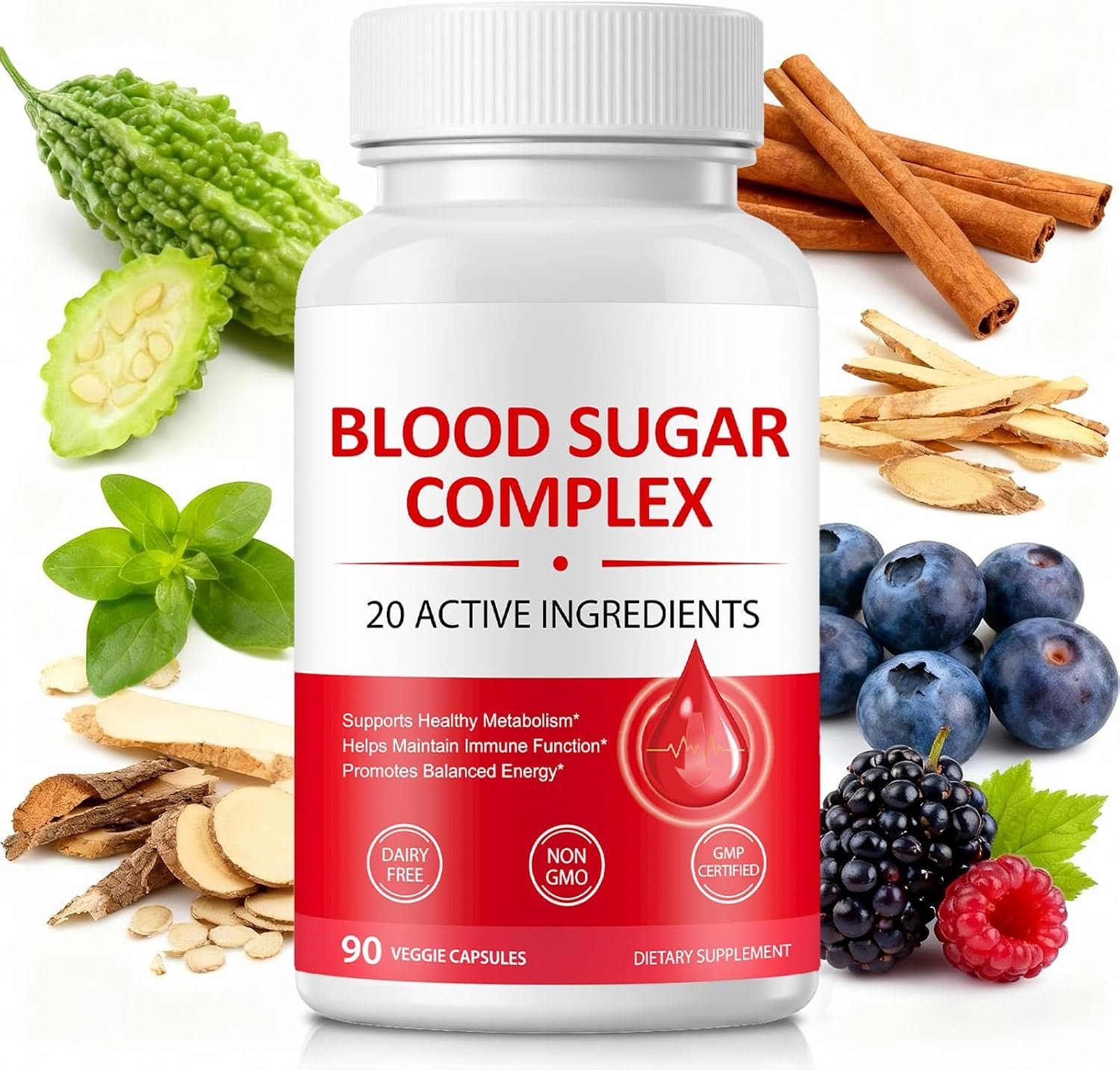 Blood Sugar Complex Supplement |20+ Active Herbs-Cinnamon, Bitter Melon, Mulberry Leaf, Fenugreek, Berberine, Vitamins for Energy Level, Vitality Support |Clean Formula|90 Softgel