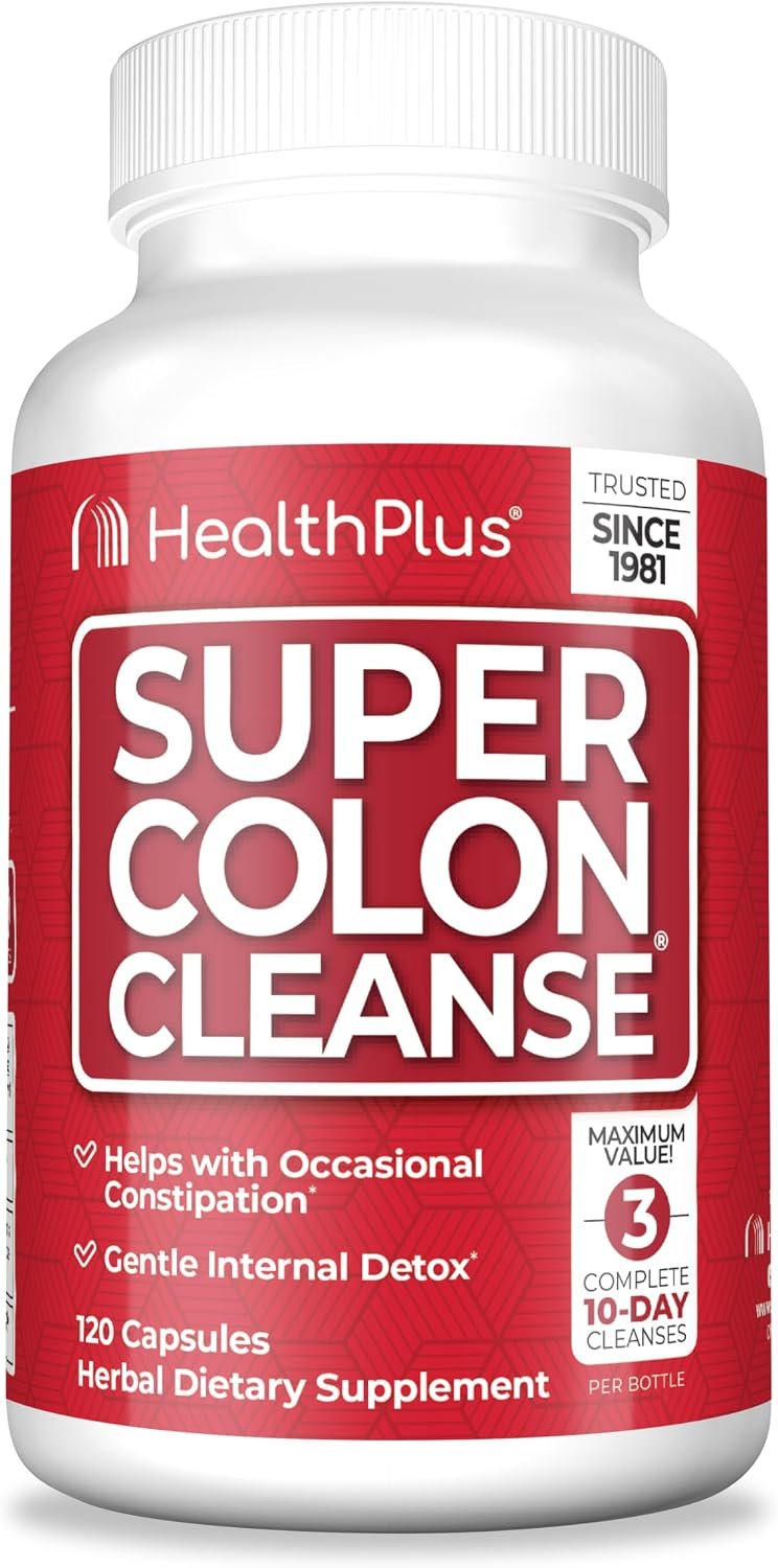 Health Plus Super Colon Cleanse Detox Capsules, 30 Day Supply, 120 Ct | Capsules with senna and psyllium husk, 60 servings; may support occasional constipation relief and gentle gut cleansing