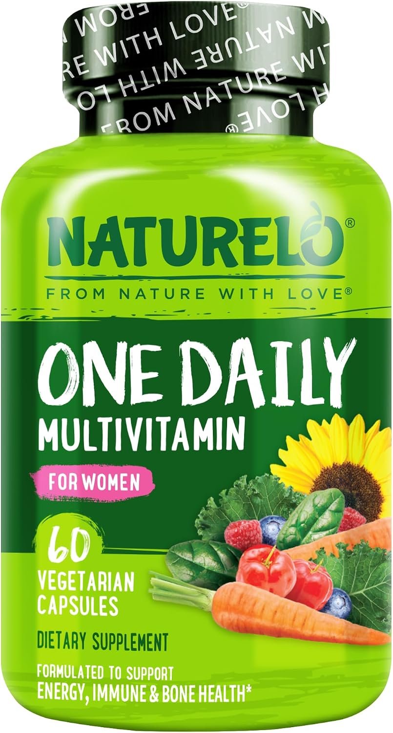 NATURELO One Daily Multivitamin for Women w/Vitamin B12, 60 Count | Energy Support, Whole Food Daily Women Multivitamin Supplement, Nourish Hair/Skin/Nail, Non-GMO, No Soy, Gluten Free