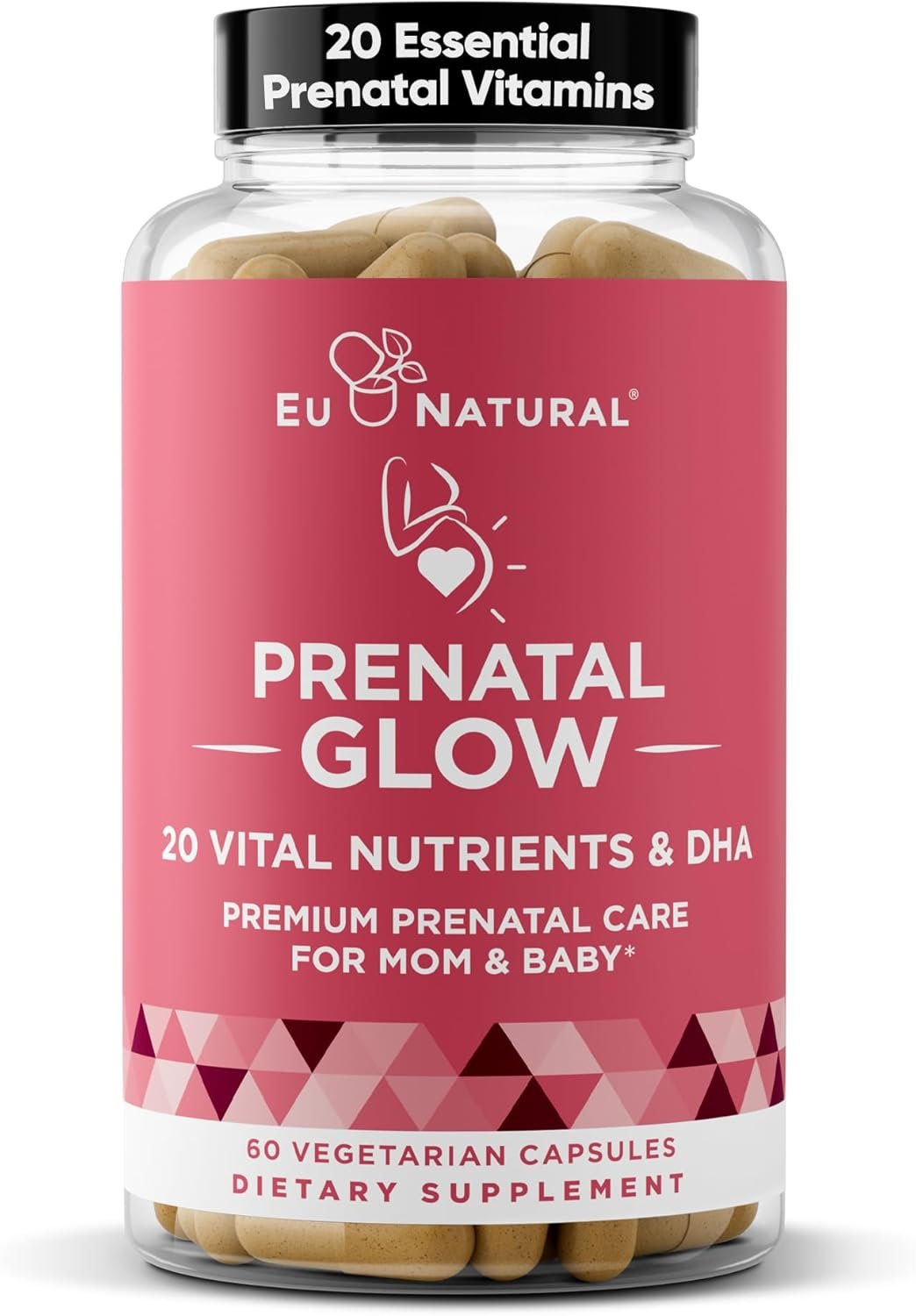 Glow Prenatal Vitamins for Women with Folate & DHA, 60 Vegetarian Capsules | 20-in-1 prenatal supplement with iron to support healthy pregnancy, fetal development & mom’s comfort