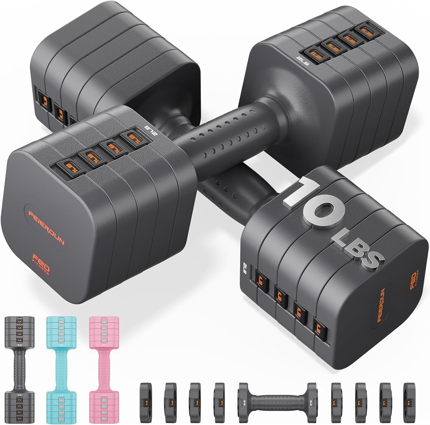 FEIERDUN DB3 5-in-1 Adjustable Dumbbell Set, 6LB/10LB Pair Adjustable Weights for Women at Home, Dual Locking Stable Hand Weights with TPU Soft Handle, Home Gym, Rehab, Pilates, Yoga, Strength Training