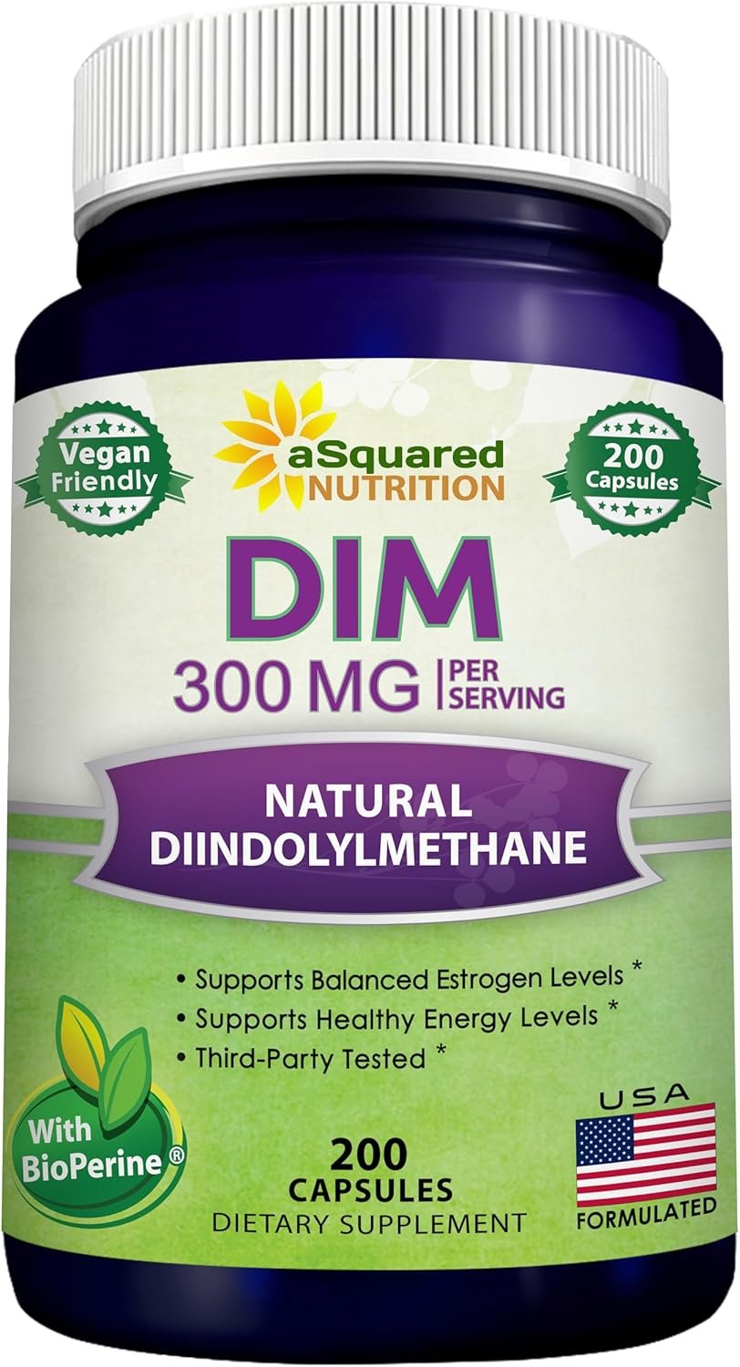 aSquared Nutrition DIM Supplement 300mg Per Serving Plus BioPerine – 200 Veggie Capsules – Diindolylmethane DIM Max Strength Pills to Support Estrogen Metabolism & Balance, Menopause, Hormonal Acne