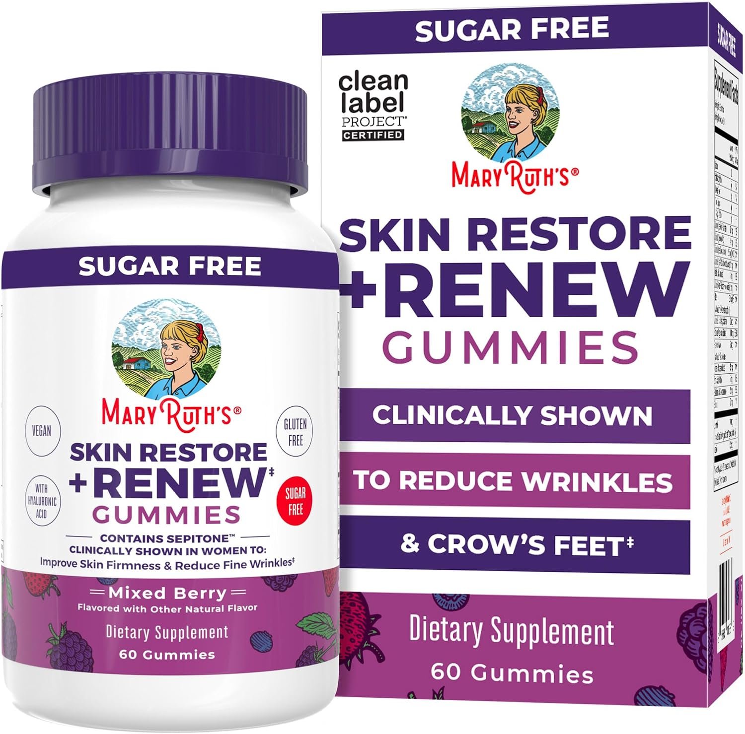 MaryRuth’s Skin Restore + Renew Gummies with Hyaluronic Acid, 60 Gummies | Skin Hydration, Clinically Shown to Reduce Fine Wrinkles & Improve Skin Firmness in Women, Vegan Collagen Production